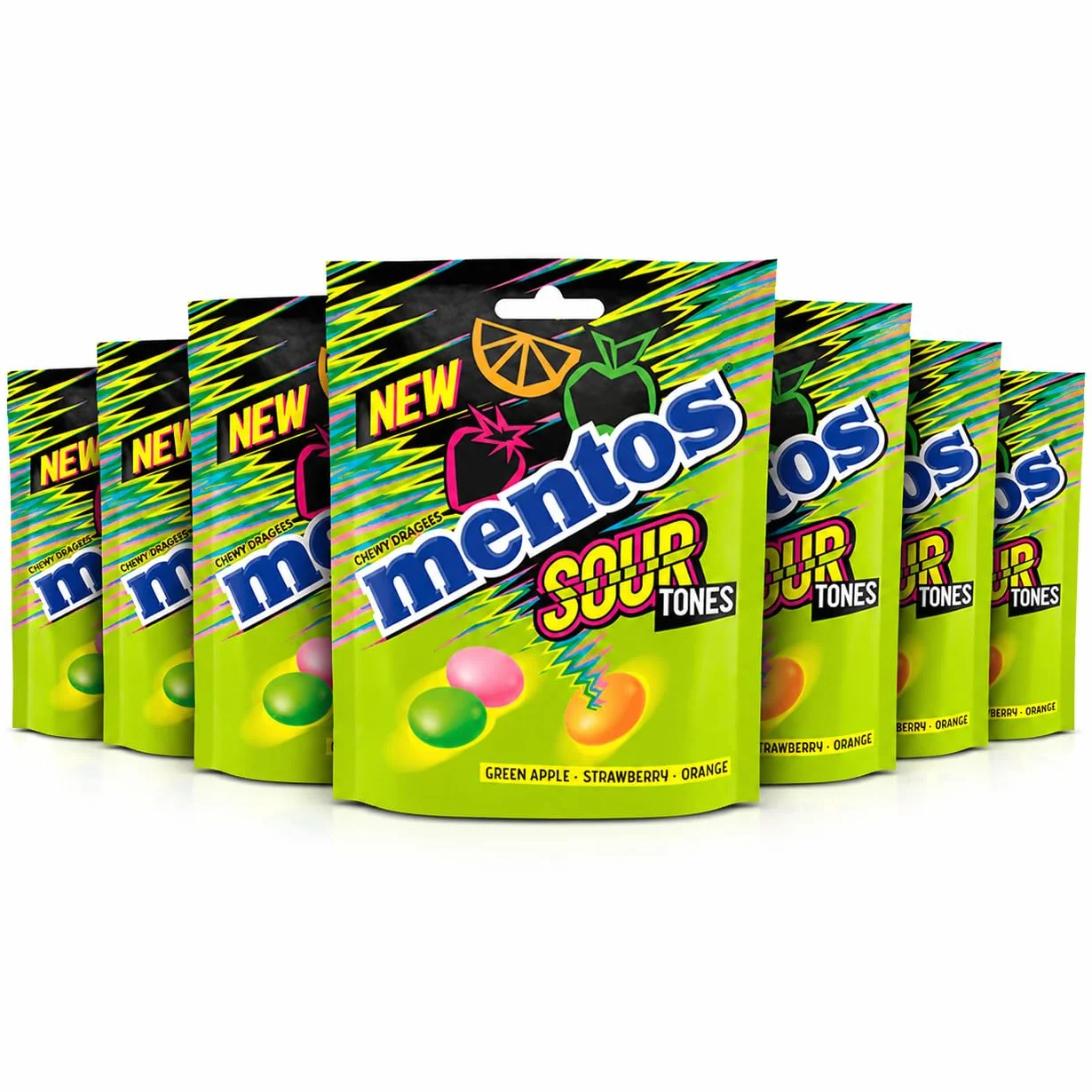 Mentos Sour Tones Caramelos Ácidos Pack 7 Bolsas Limón Naranja Manzana Verde Fresa Arándano