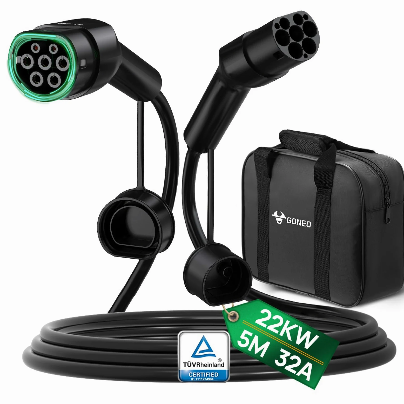 GONEO Cable de Carga Tipo 2 22kW 5M, 32A Mode 3, Cable de Carga para Coche Eléctrico Tipo 2 y 3 Fases para E Auto EV/PHEV Tipo 2 a Tipo 2 con Bolsa de Transporte