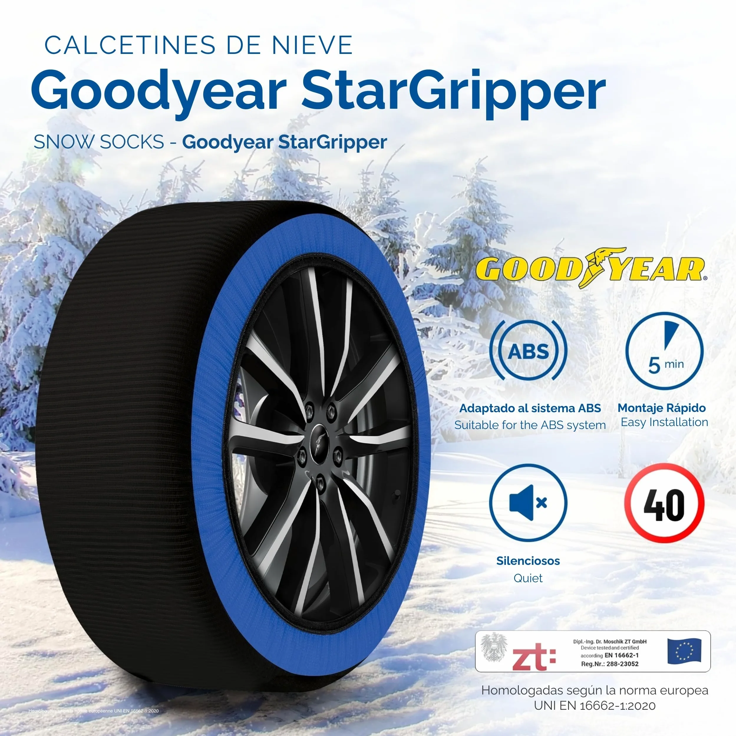 Goodyear Calcetines de nieve GoodYear Star Gripper homologados Italia EN 16662-1:2020 dos cadenas de nieve de tela para coche. Snow Sock Talla XL