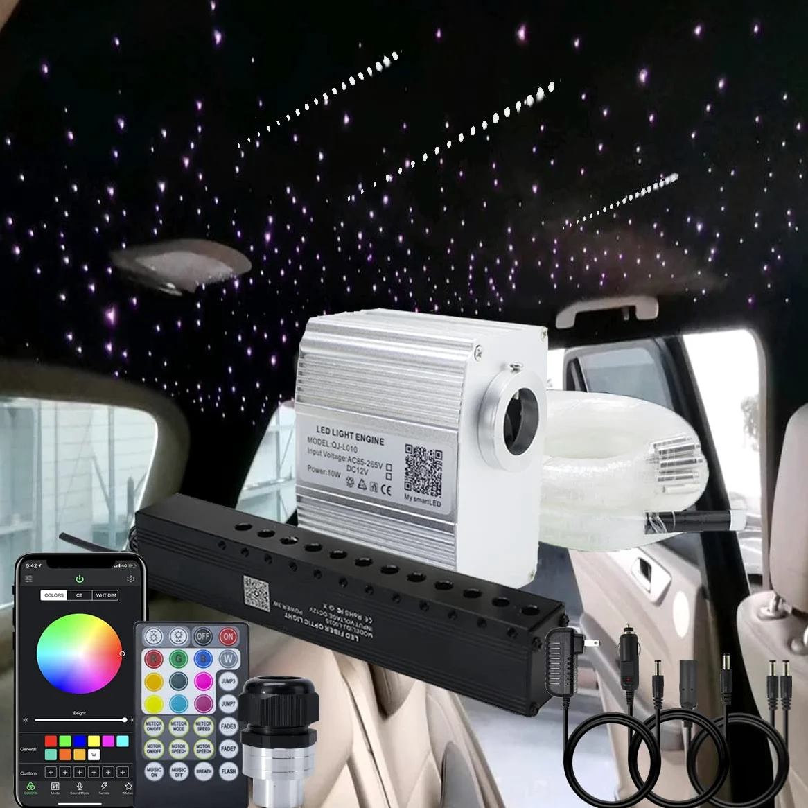AKEPO Kit de Luces de Fibra óptica parpadeantes de 10 W + Estrella fugaz para Uso doméstico en el Coche, Control de aplicación de meteoritos, luz de Techo activada por música, Motor de luz RGBW +