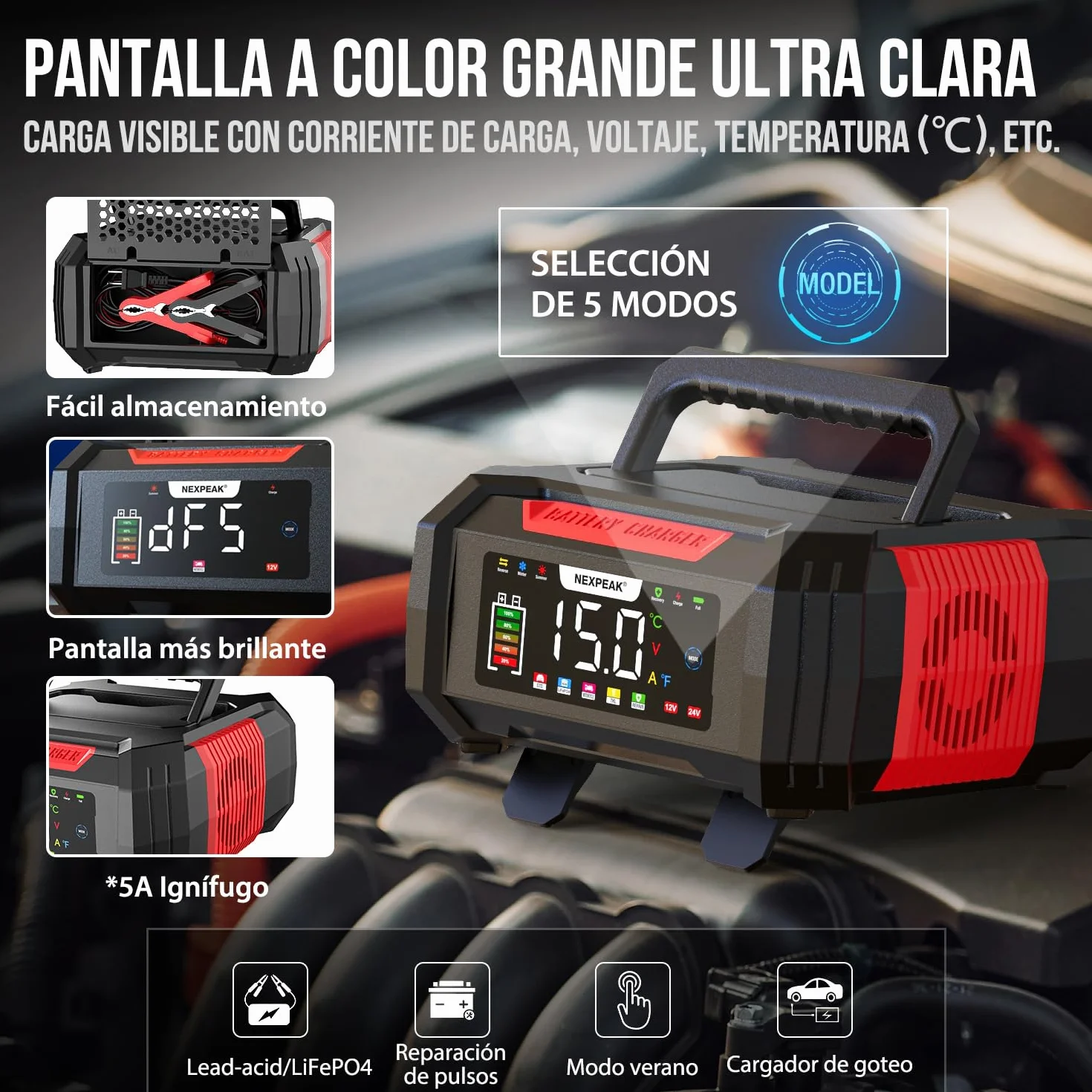 15A Cargador de Batería de Coche, NEXPEAK NC315 12V 24V LiFePO4 Cargador de Batería de Coche Portátil 9-Etapas Batería Inteligente para Coche, Camión, Moto, Cortacésped, Barco, Marina