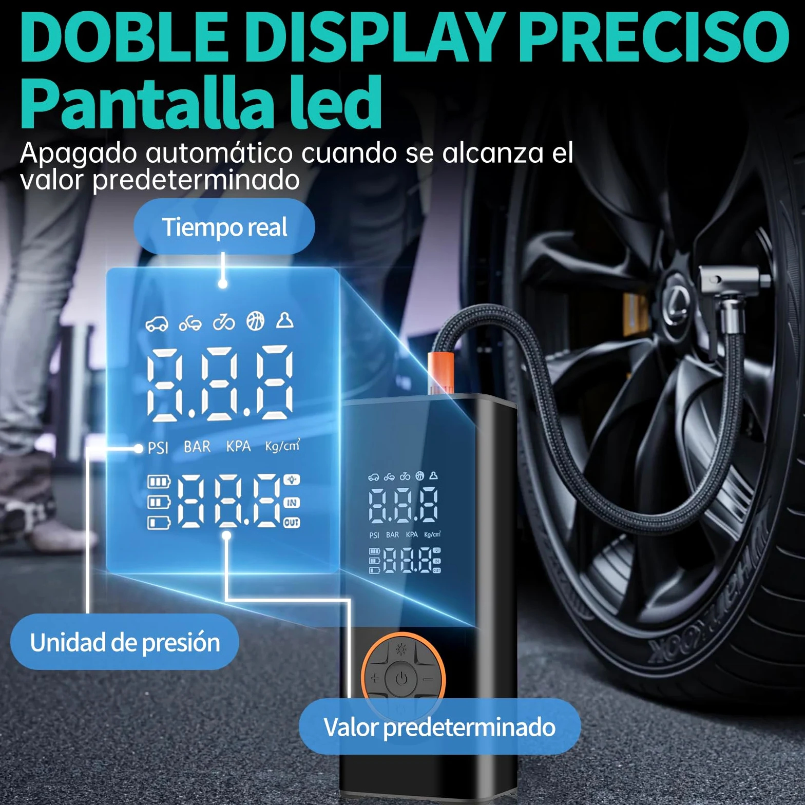 Inflador Ruedas Coche Digital 12V, compresor de Aire portátil, Bomba Digital para neumáticos de Coche 12 V 150 PSI Bomba de Aire eléctrica para neumáticos de vehículo, Bicicleta, inflables