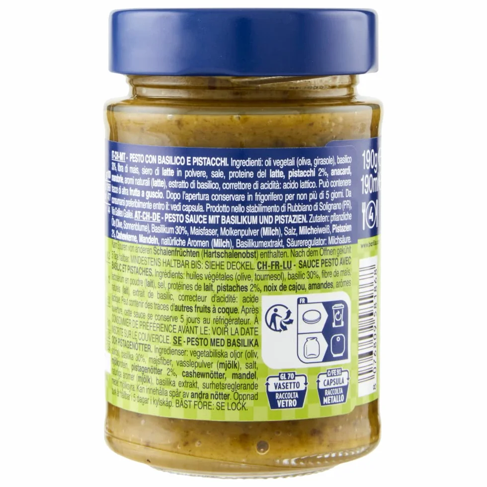Barilla Pesto Basilico e Pistacchio 190 g Salsa Italiana Sin Gluten