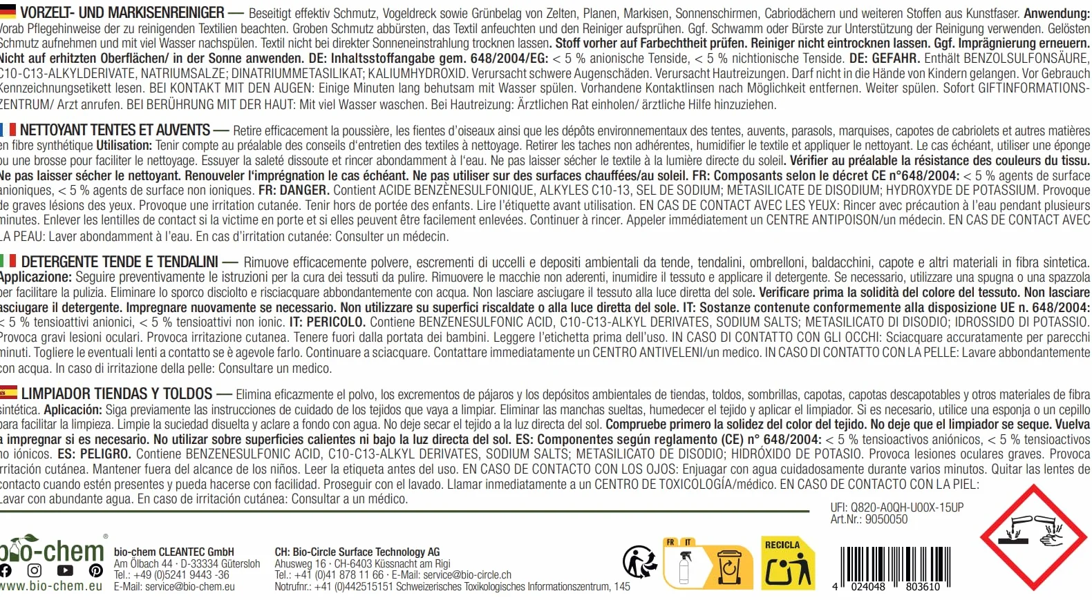 Bio-Chem - Limpiador para toldos, capotas y techos de Tiendas - Producto para el Lavado de toldos, caravanas, techos de Coches - Producto Textil Respetuoso con el Medio Ambiente