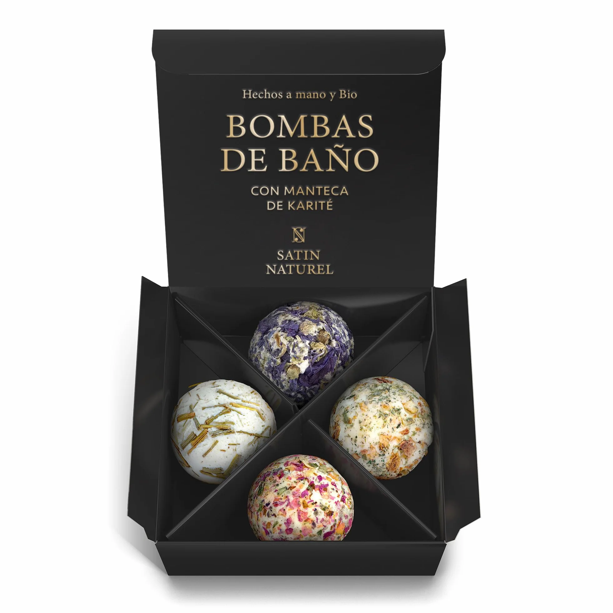 Satin Naturel Cofre 4 Bombas de Baño BIO Veganas – Regalo Bienestar Mujer – Bolas de Baño Premium