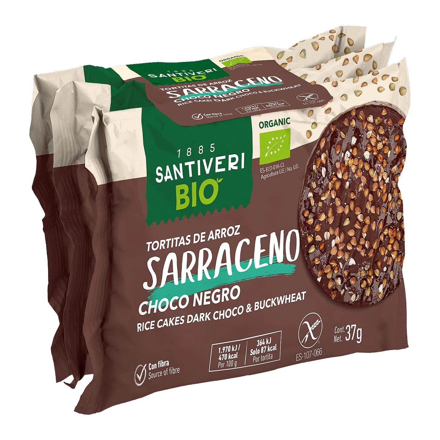 Santiveri Tortitas de Arroz y Trigo Sarraceno con Chocolate Negro BIO Sin Gluten 3x37g
