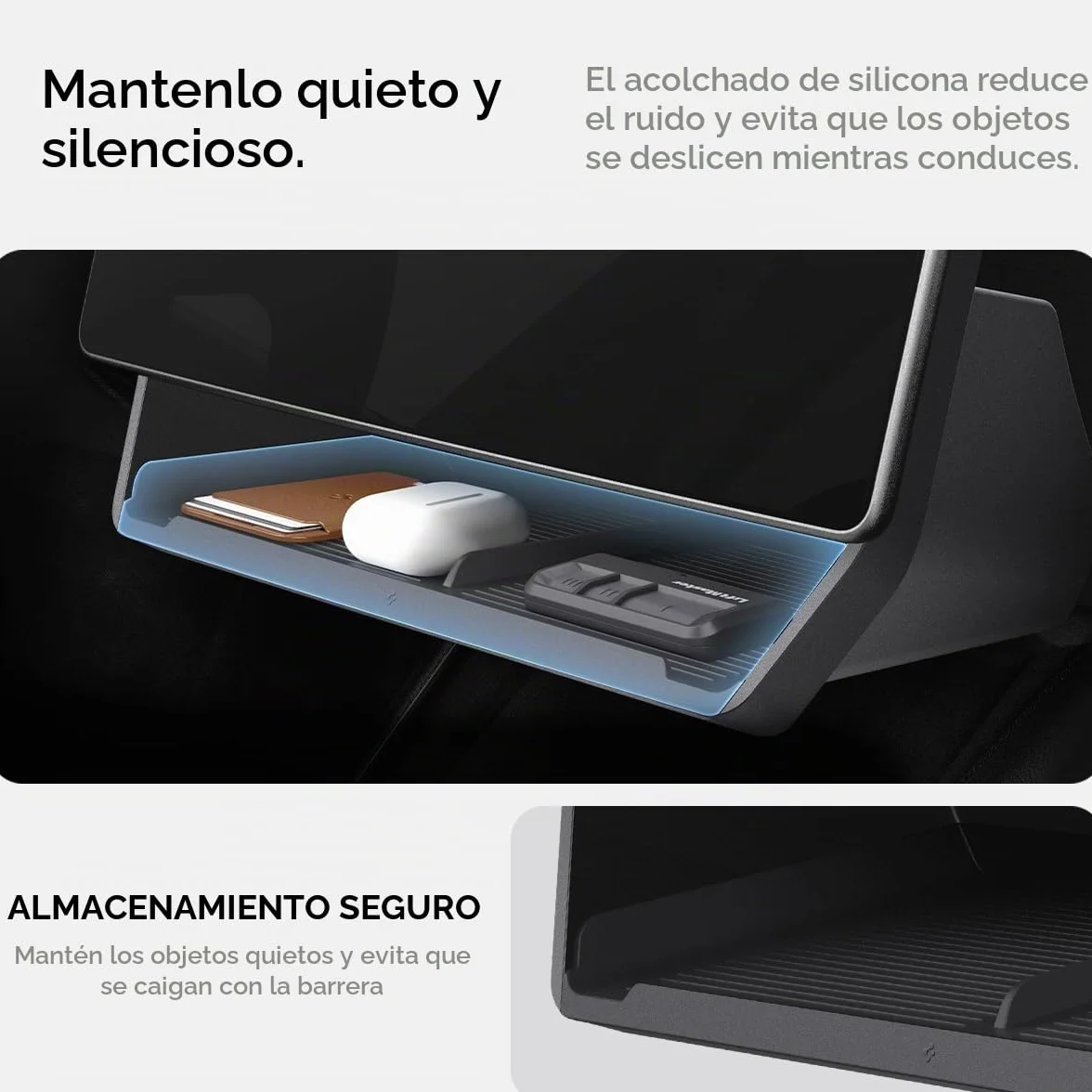 Spigen Tesla Model Y 2025 2026 Juniper y Model 3 Highland 2024 2025 2026 Organizador de Almacenamiento, Debajo de la Pantalla, Diseñado para Accesorios Tesla Model 3 - Negro