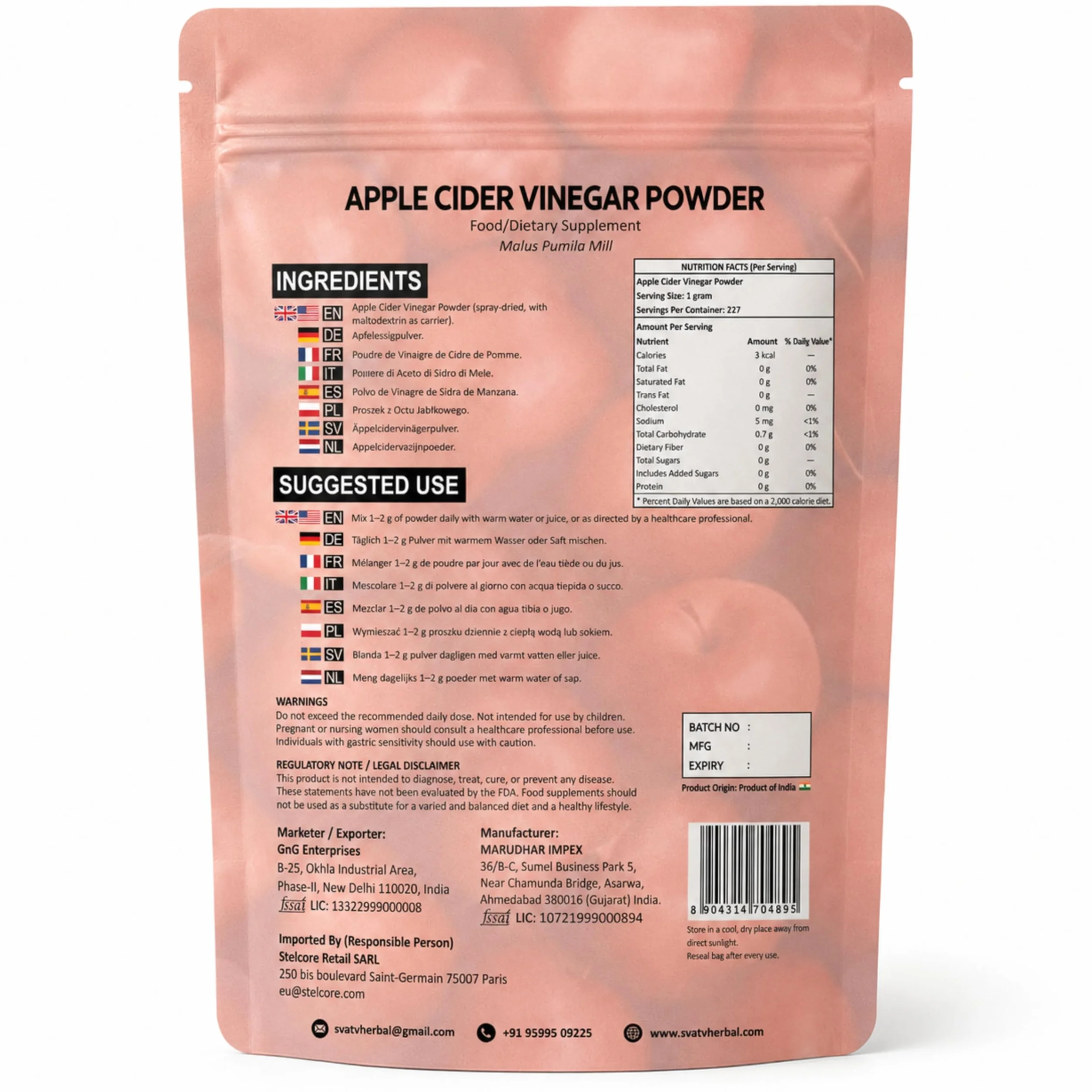 SVATV Vinagre de sidra de manzana natural en polvo 227g Sin gluten 75 porciones