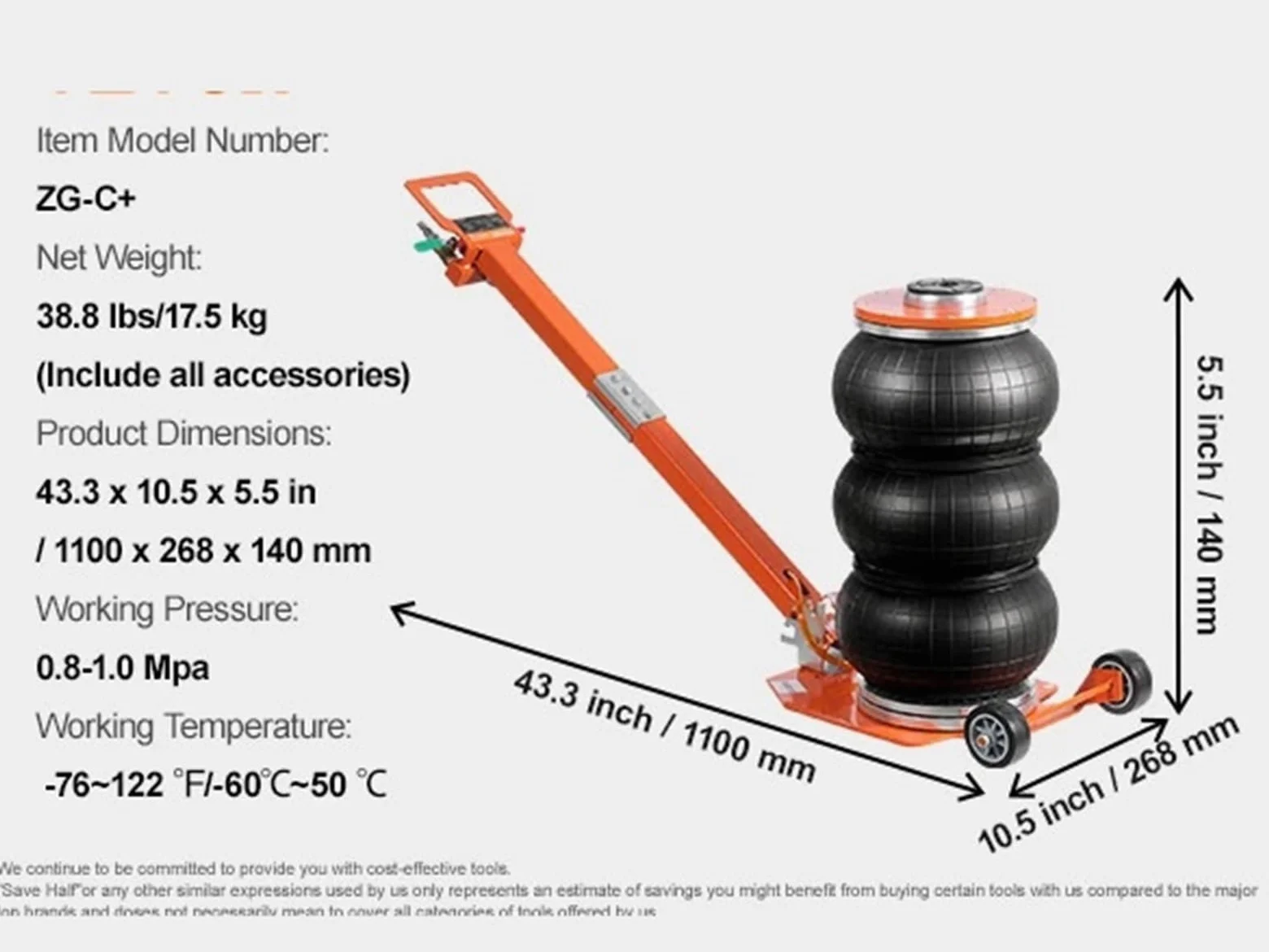 Air Jack 3/5 Mango Ajustable Almohadilla de Goma Gruesa | Gato de elevación neumático de tonelada con columna elevada(3T)