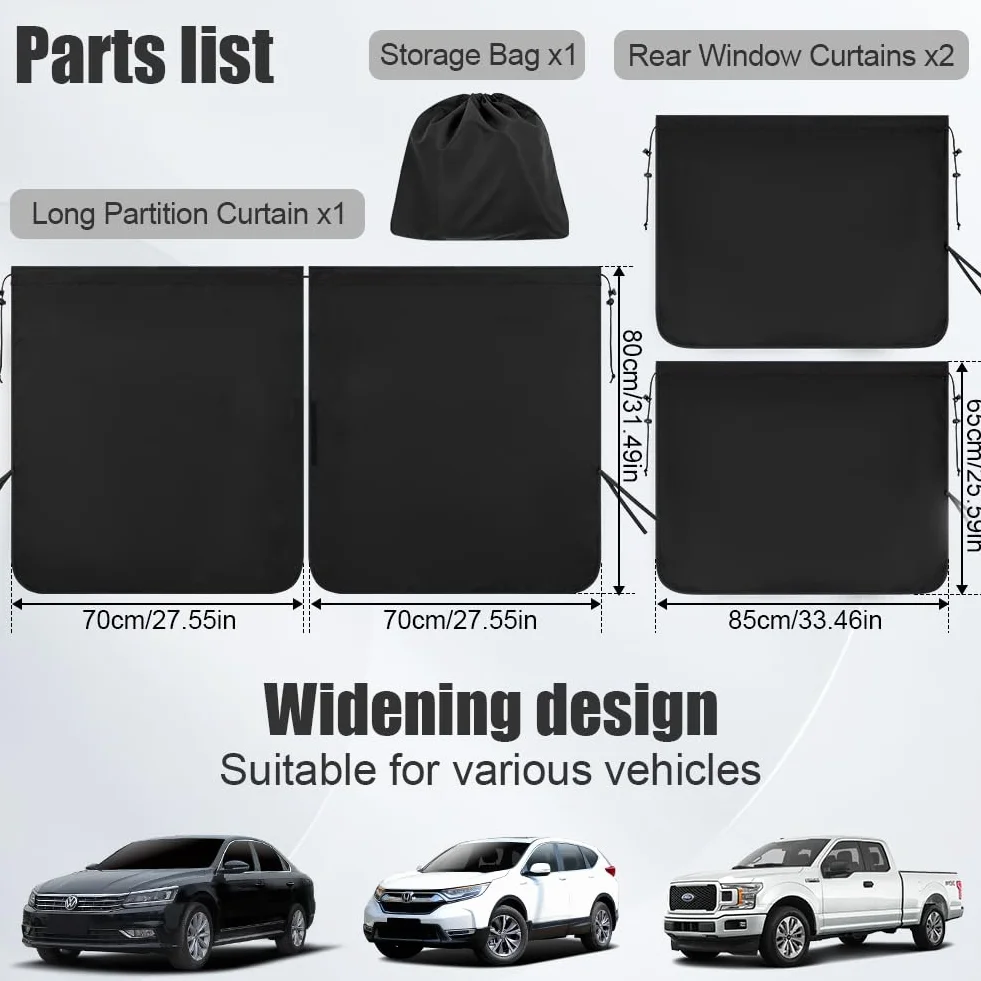 Cortinas Divisorias de Coche, 140*80CM Cortina para Automóvil para Privacidad, Incluye 1 Cortina de Asiento y 2 Cortinas Laterales, Desmontable, Aplicable a Sedán, SUV