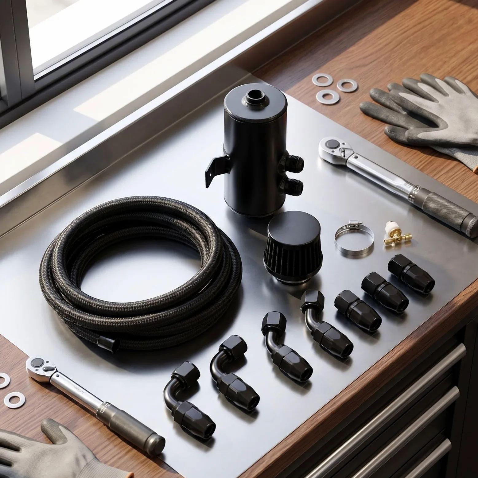 Kit de Colector de Aceite, Tanque de Respiro Reutilizable y Kit de Conexiones de Manguera de AN10, para Modificación de Automóviles (BLACK)