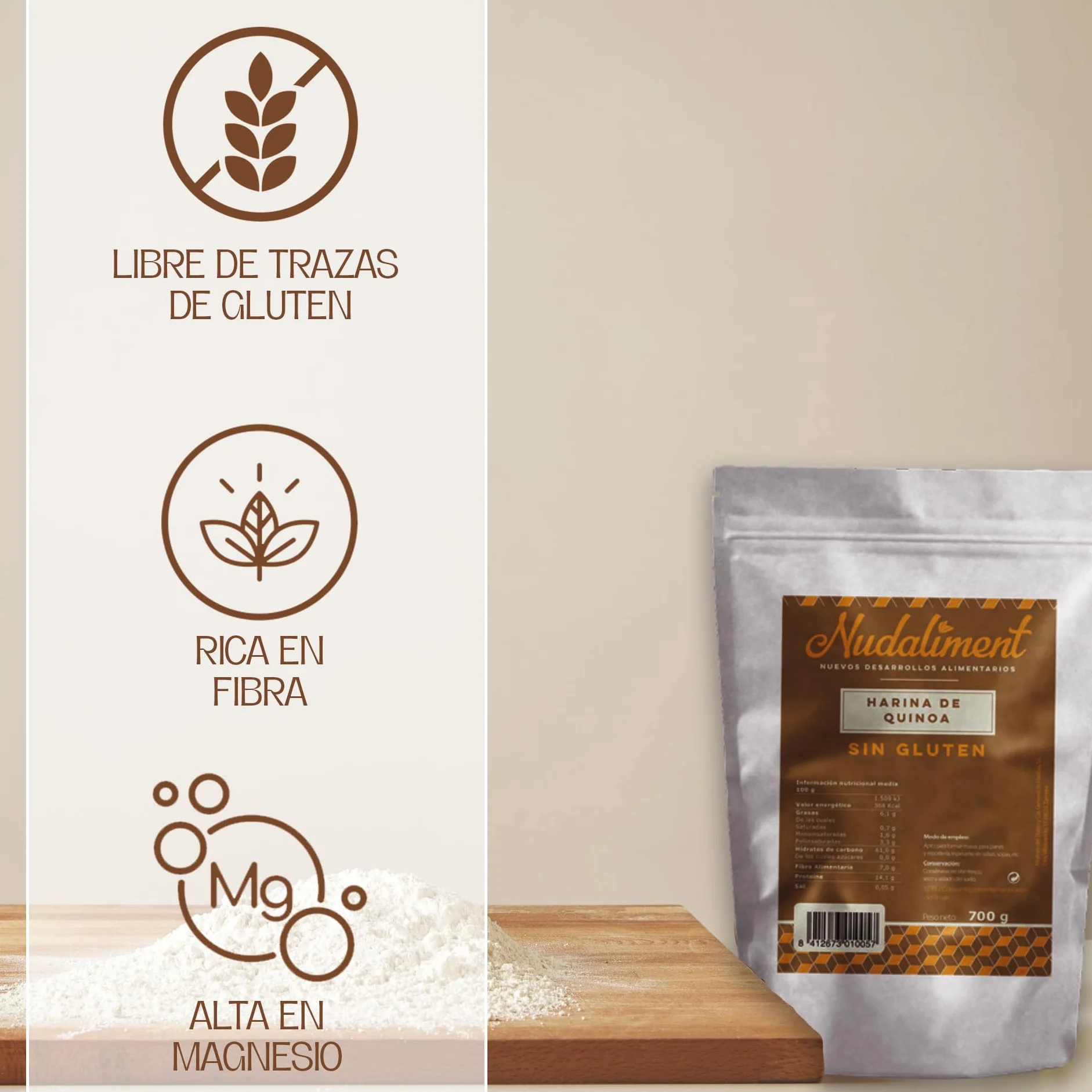 Harina De Quinoa Sin Gluten 700 Gr Natural Para Panificación Apta Para Celíacos