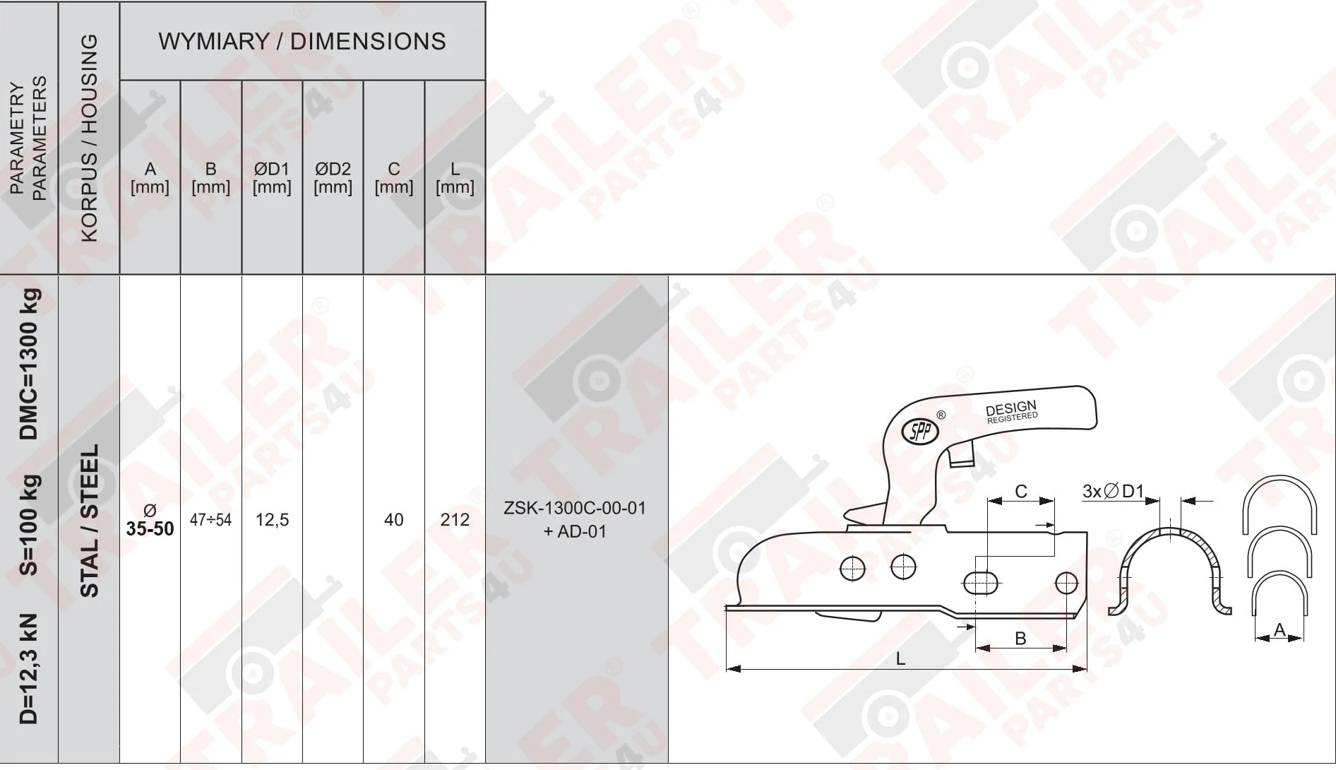 SPP Acoplamiento de bola universal hasta 1300 kg TIPO ZSK 1300 C 35-50 mm tubo redondo perforación 12/12 mm horizontal y cruz
