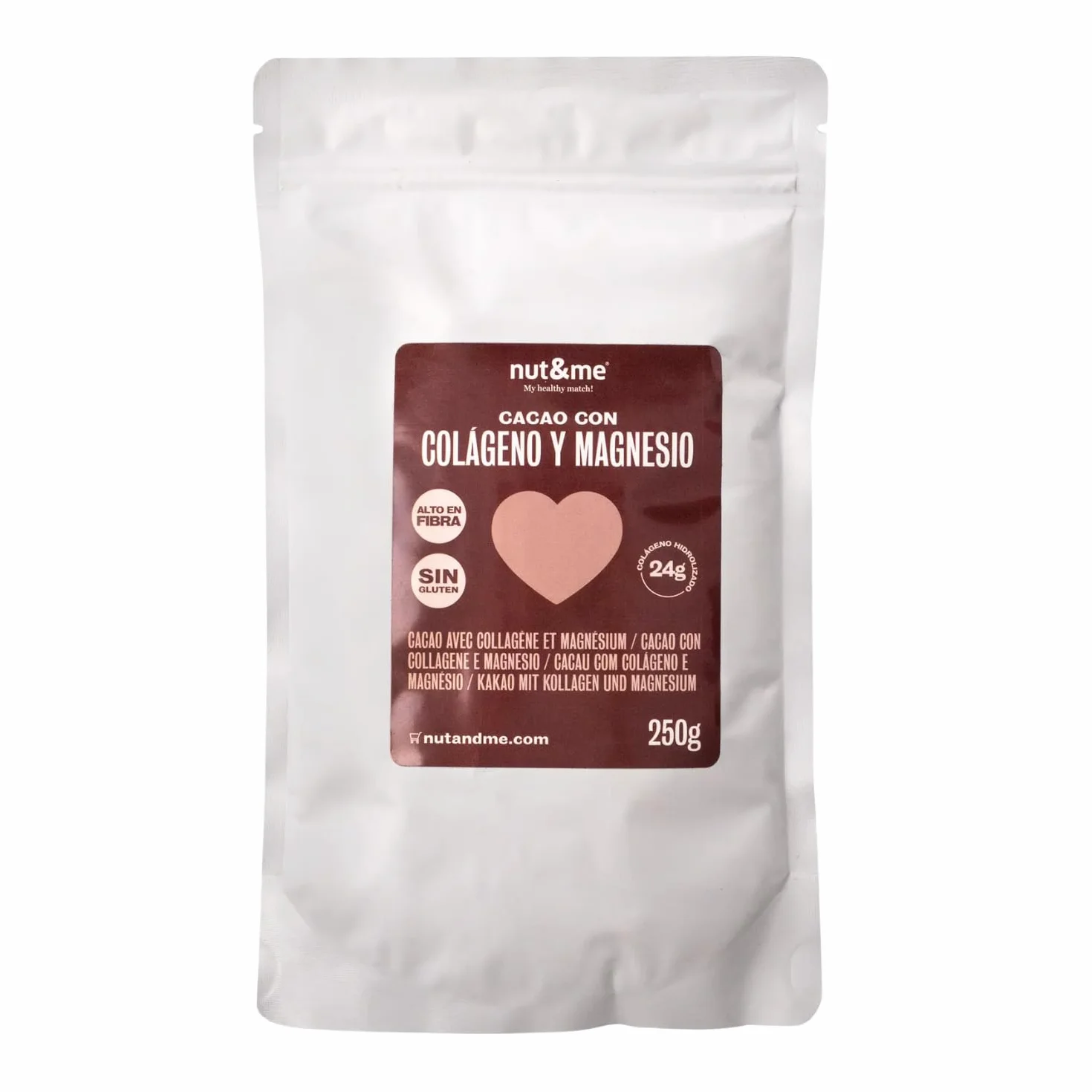 Nut&me Cacao con colágeno y magnesio 250 gr, alto en magnesio, hierro, potasio, keto, sin gluten