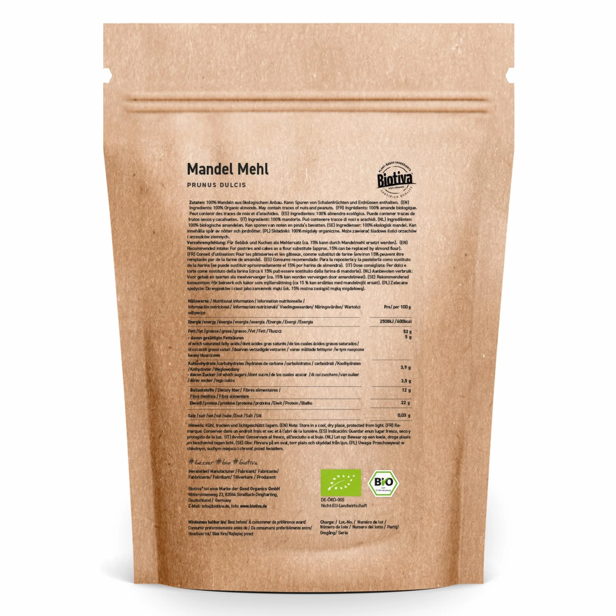 Biotiva Harina de almendra orgánica 1000g sin gluten rica en fibra y proteínas