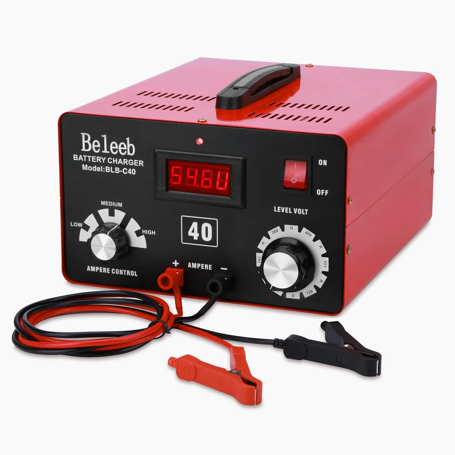Hugoome Beleeb Serie C40 Cargador de Batería 12V 24V 36V 48V 60V 72V, Pulsos de Alto Voltaje Desulfatador Mantenedor de Batería con Pinzas de Cocodrilo para Baterías de Litio-Ion Plomo-ácido