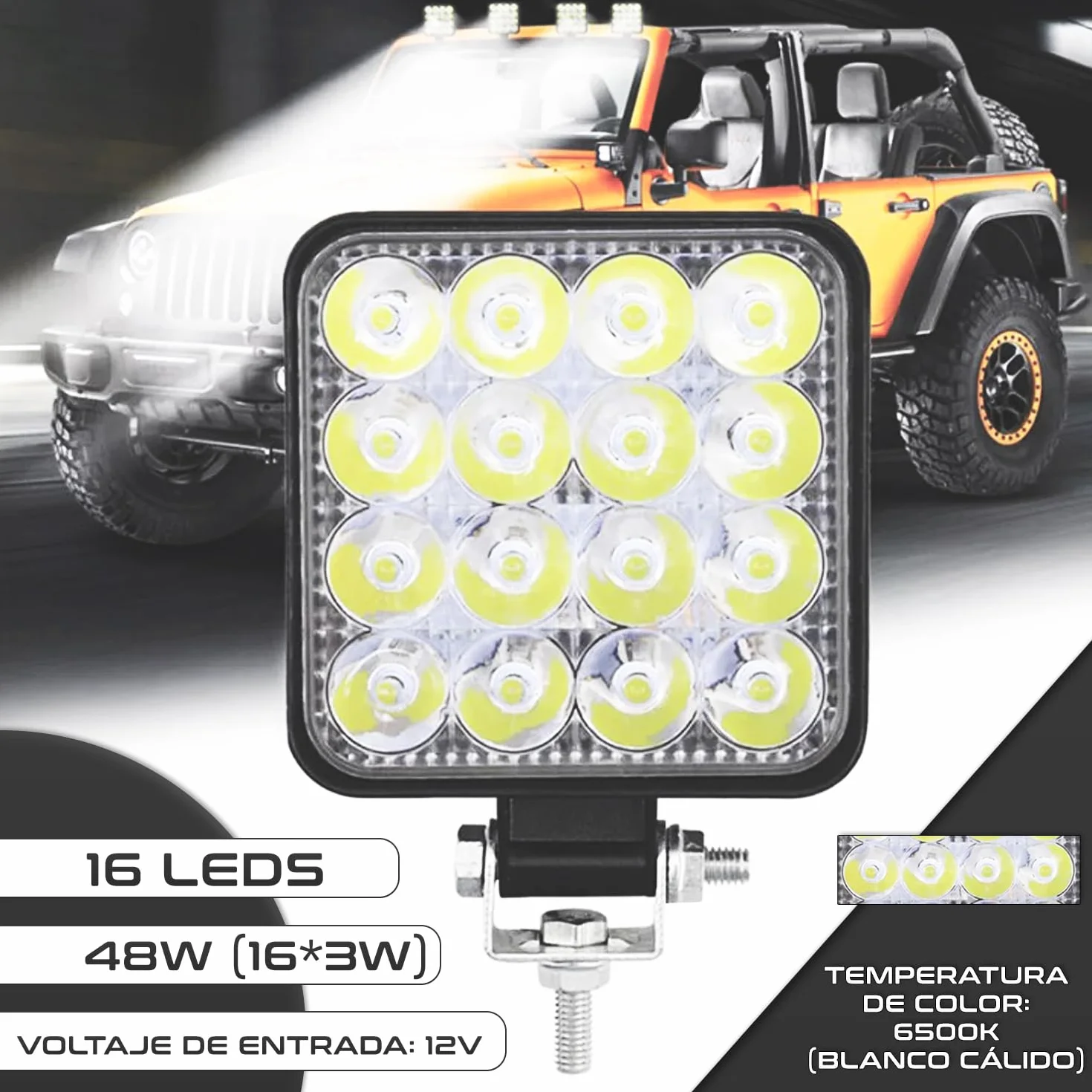 Foco led 12v 2 uds aluminio abs 48W 16 led 6500K 10.5 cms 4.21" faros 4x4 largo alcance