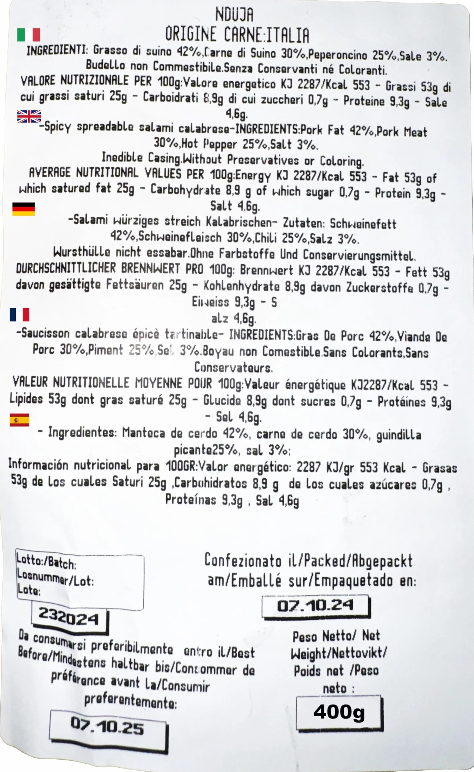 Nduja Di Spilinga Reserva Premium de Cerdo Negro De Luca 100% Italiano 400g