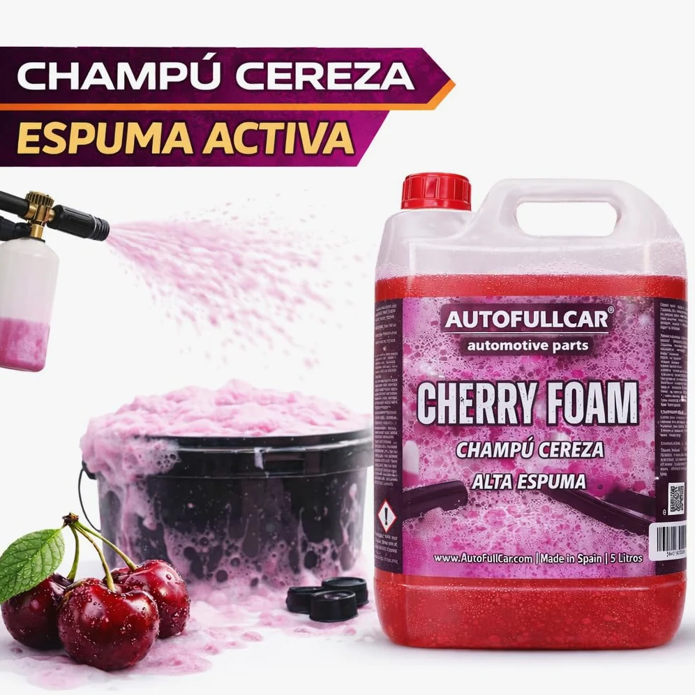 AutoFullCar Cherry Foam 5 Litros, Champu Espuma Activa Coche Rosa, Limpiador Alcalino Alta Concentracion, Lavado Carroceria, Uso con Lanza Foamer o Cubo, Encapsula Suciedad