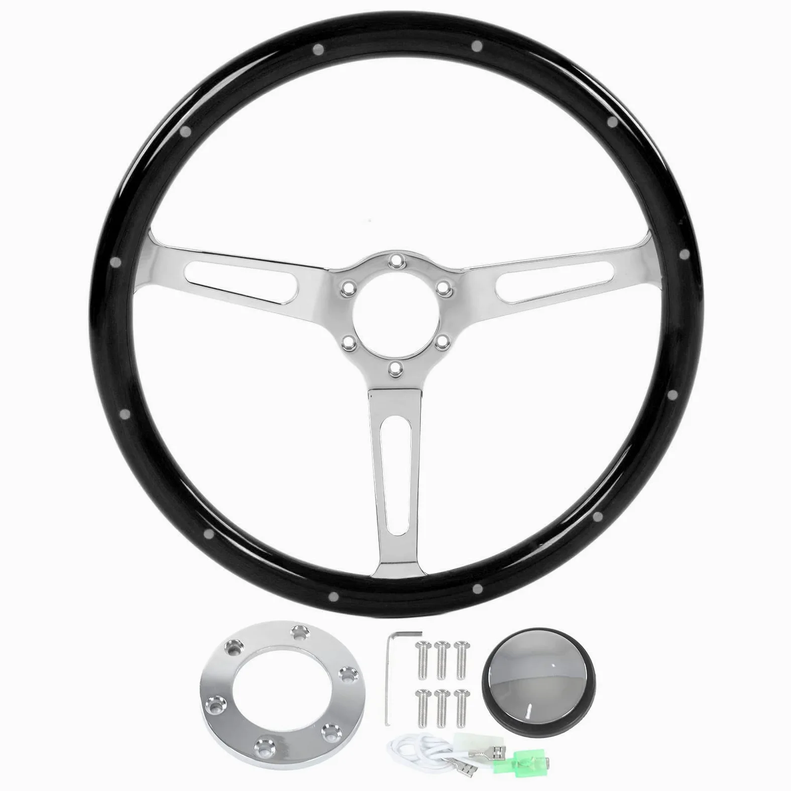 Cuifati Volante Universal de Grano de Madera Vintage Clásico de 380 Mm y 15 Pulgadas, Agarre de Nogal, Volante de 3 Radios y 6 Orificios para Modificación de Automóvil, Accesorios Interiores de