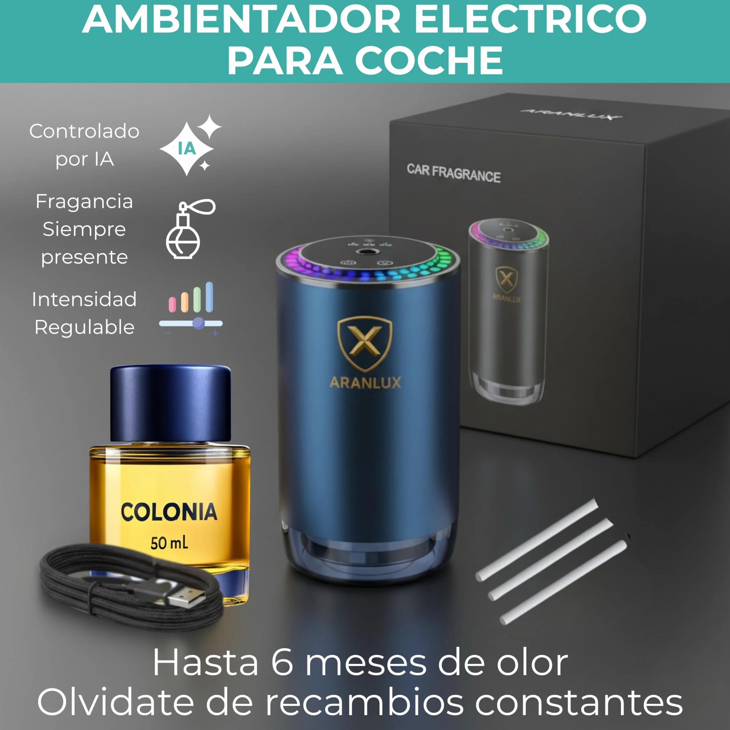 Ambientador de coche eléctrico 50ml - XL Larga duracion, intensidad regulable e ideal para viajes diarios, vacaciones y vehículos profesionales - Ambientador Inteligente para coche(Colonia)