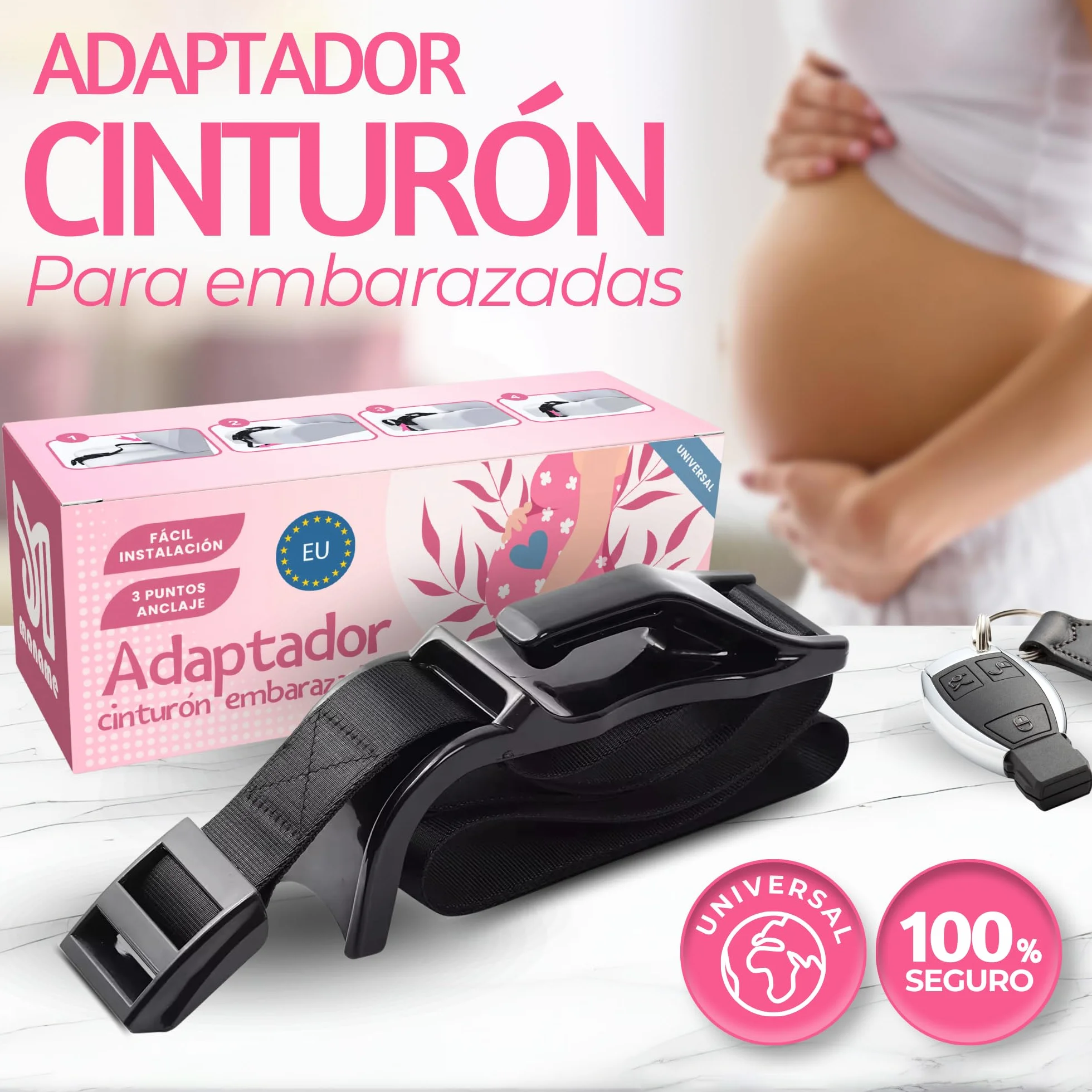 Adaptador Cinturon De Seguridad Para Embarazada. Ajustador Homologado Para Maternidad, Protege A Tu Bebe En El Coche De Impactos, Presiones. Anclaje Premama Embarazo.