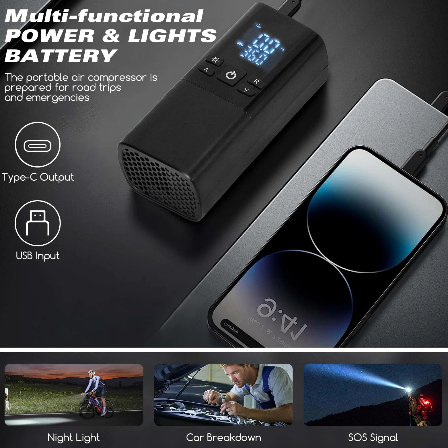 Compresor de aire portátil para neumáticos de coche, inflador de neumáticos inalámbrico de 150 PSI con apagado automático y luz LED, bomba de aire recargable de 10000 mAh para bicicleta, motocicleta