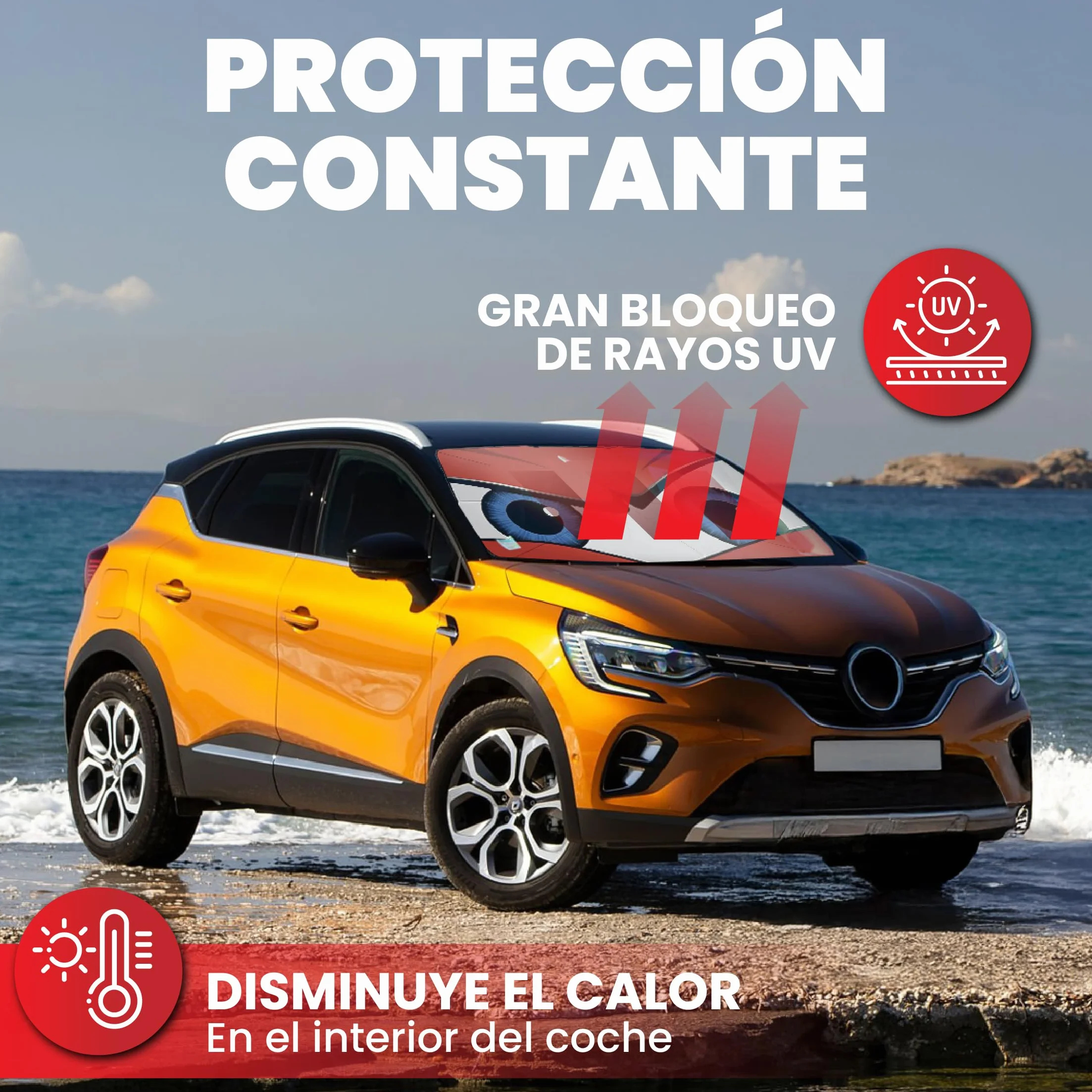 Parasol Coche Delantero 140 cm x 80 cm, Protector Solar de SUV y Camión, Parasol Paraguas Coche de Poliéster, Plegable con Eje Giratorio 360º y Revestimiento de Titanio, Resiste a los Rayos UV