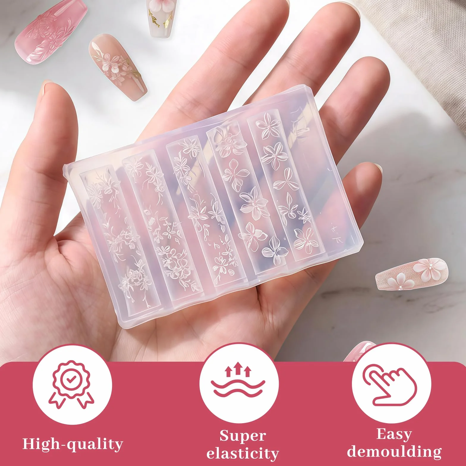 Set de Moldes de Silicona 3D para Diseño de Uñas, Flores y Encajes DIY con Lápiz Aplicador