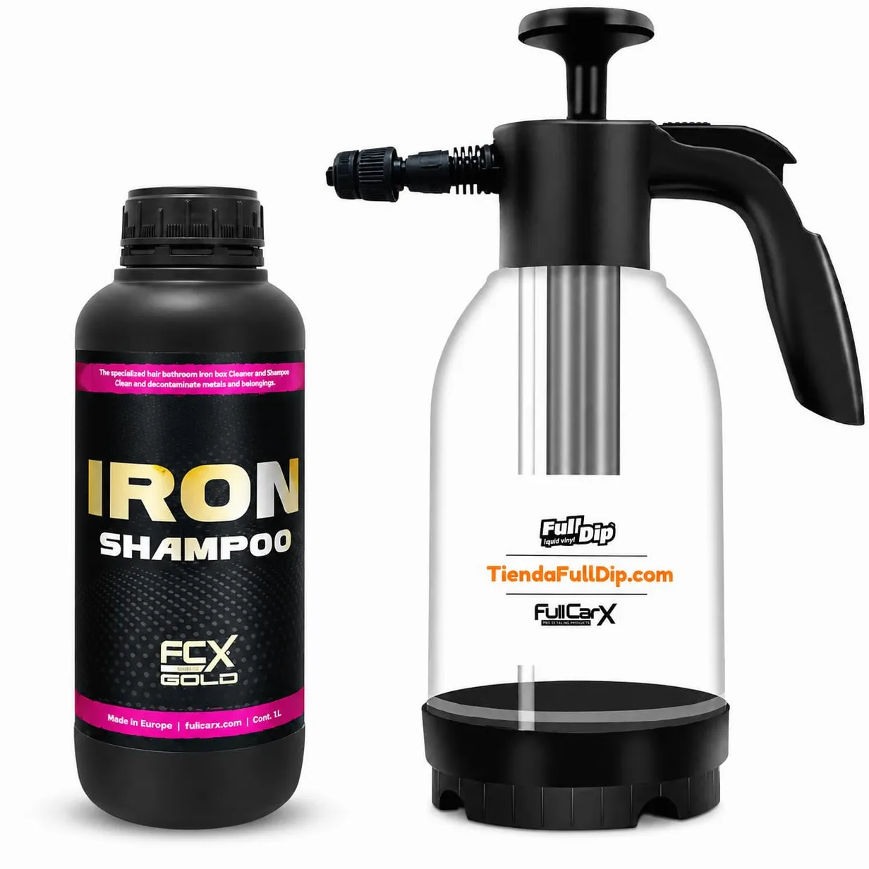 AutoFullCar FullCarX Gold Iron Shampoo Champu Descontaminante Ferrico Coche 1L, Lavado Carroceria Llantas Ferodo Particulas Metalicas, Espuma Activa Snow Foam Detailing (Champú Férrico + Foamer)