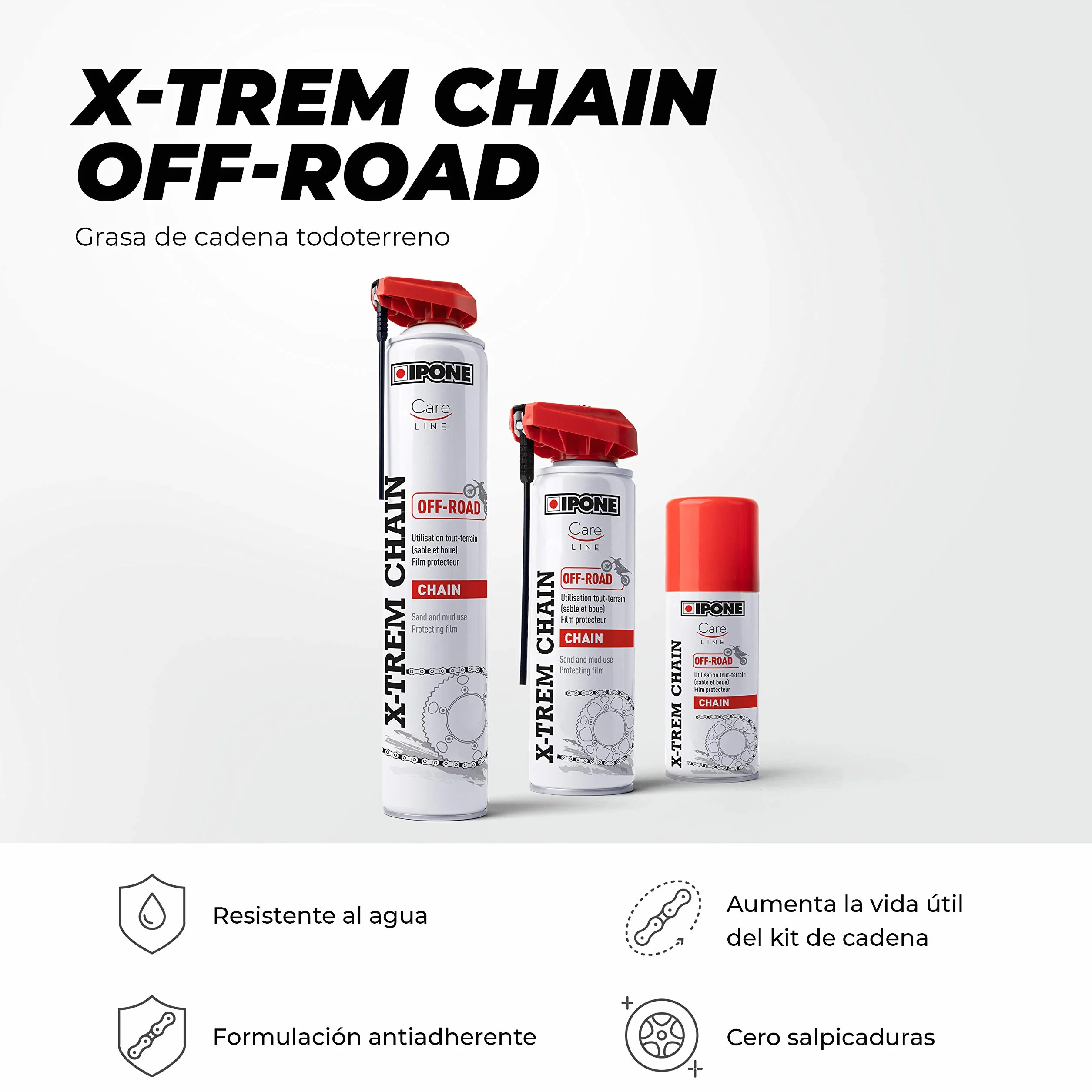 IPONE - Grasa para Cadena Moto Todo Terreno X-trem Chain Off-Road - Formulación Antiadherente - Pulverización precisa sin salpicar - Dosificador Multiposición 750 ml