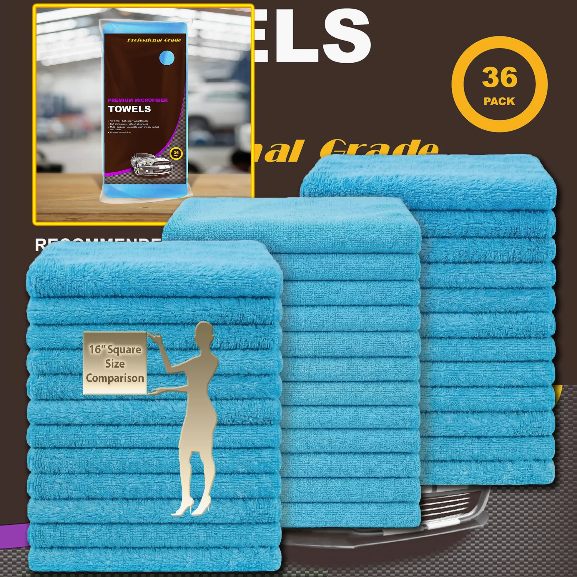 Toallas de limpieza grandes de microfibra, paquete de 36, trapo de felpa ultra suave, paños de limpieza de detalles de calidad profesional para coche, hogar y comercial (azul cielo, 16 x 16 pulgadas)