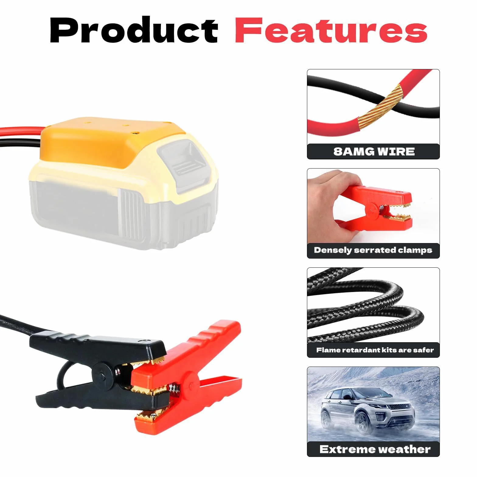 Abrazadera para cable de arranque de batería de automóvil, cable de 8 AWG para necesidades de viaje de 12 V con empuñaduras aisladas rojas y negras y clips aislados para recogida de almacenamiento en