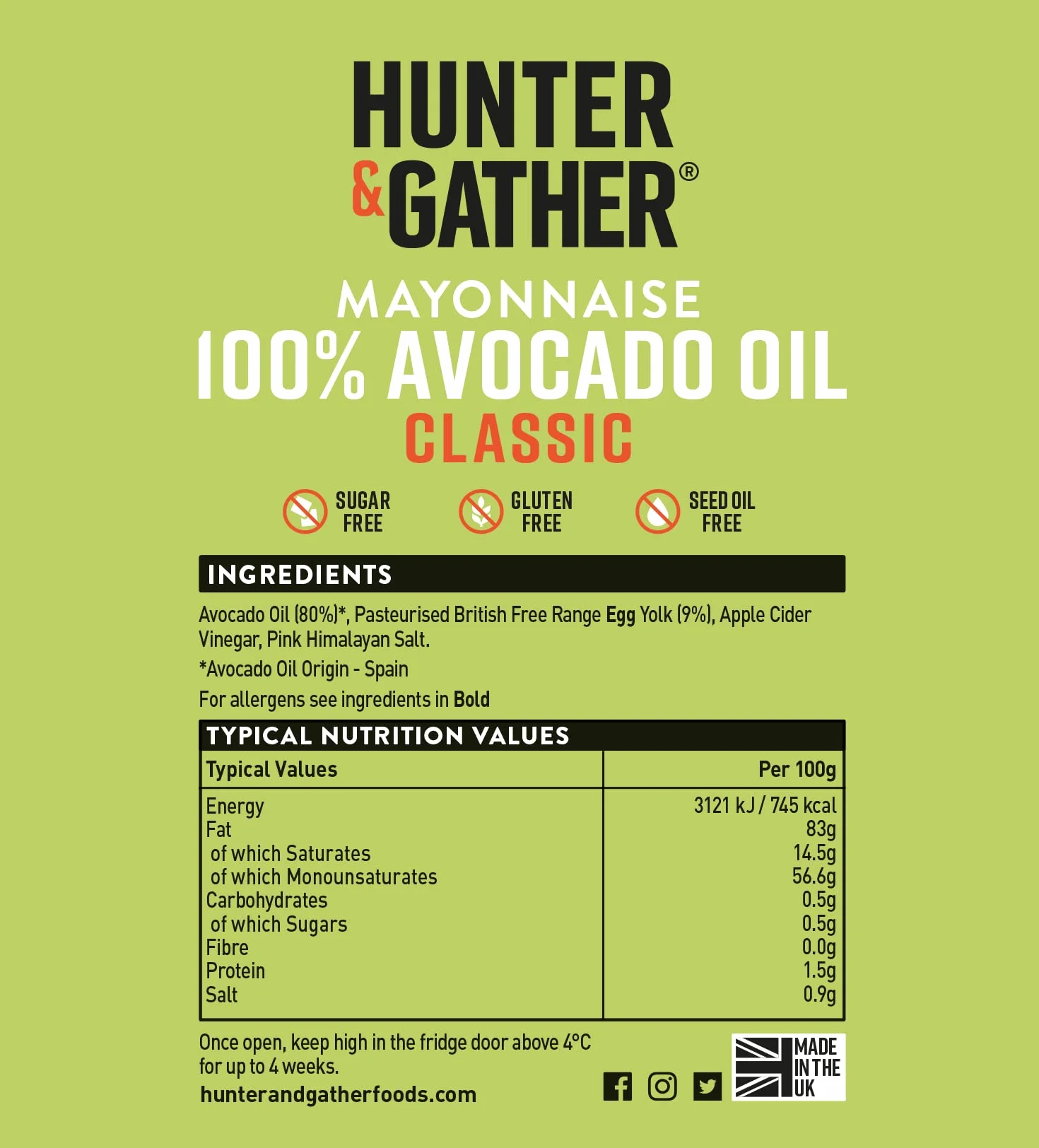 Hunter & Gather Mayonesa de Aceite de Aguacate Clásico 630g Paleo Keto Sin Azúcar Sin Gluten