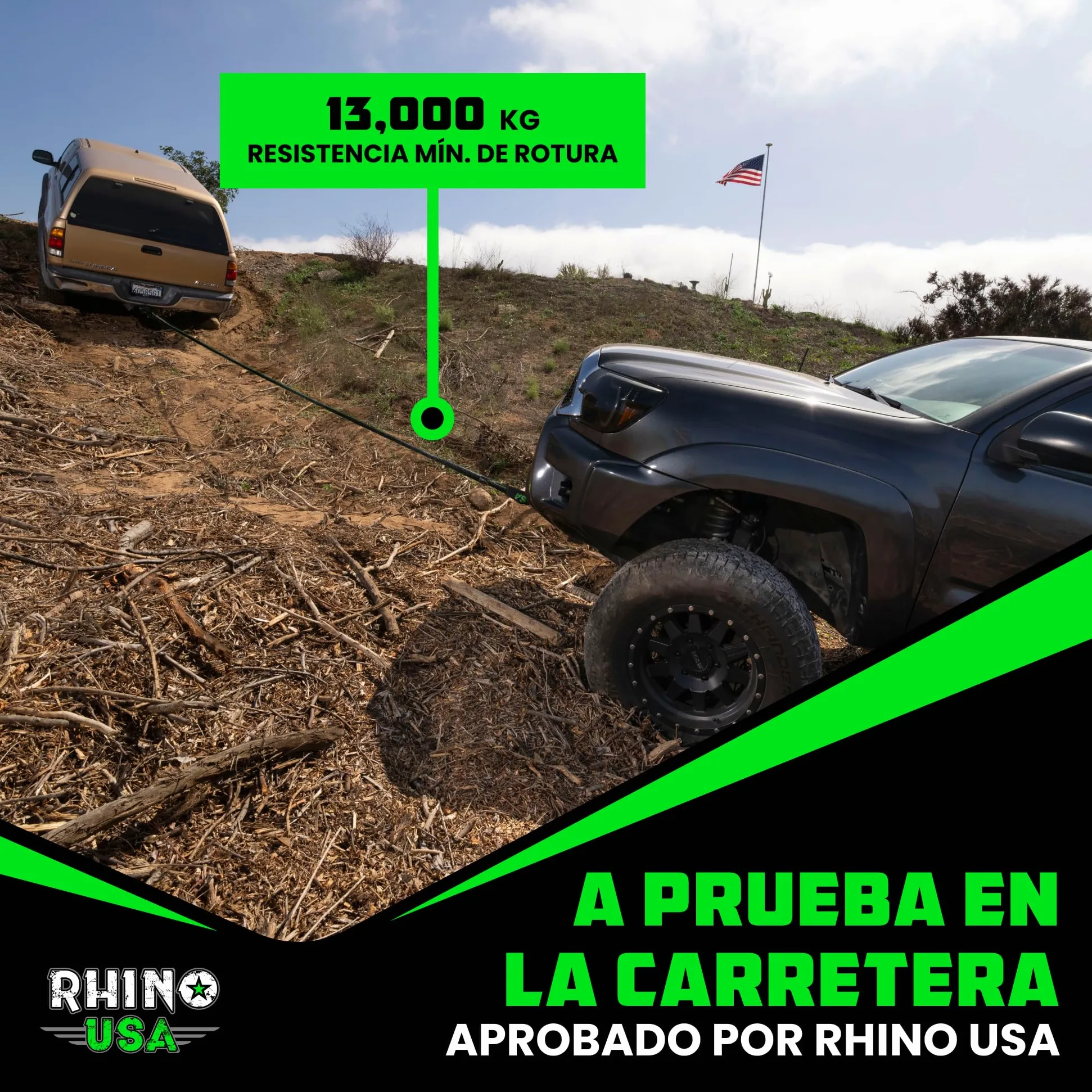 Rhino USA Cuerda Cinética para Remolque 13000kg - Cuerda de Remolque y Recuperación con 2X Grilletes - Correa de Rescate Todoterreno 2.2 cm x 9 m - para Todoterreno Quad UTV 4x4 - Negro