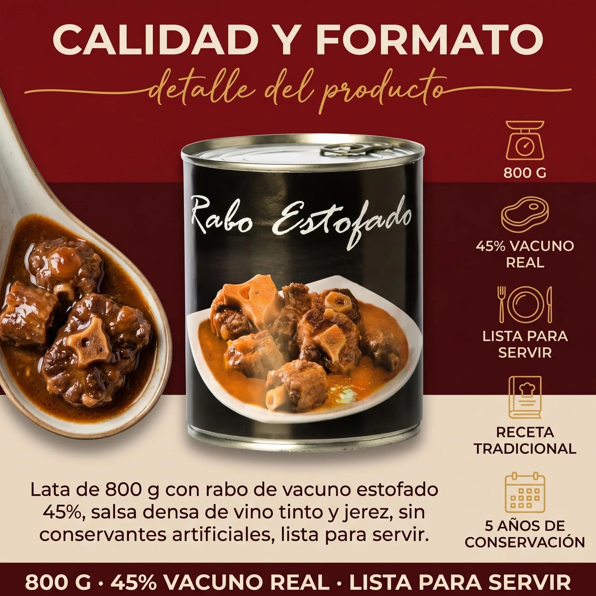 POLGRI Rabo de Vacuno Estofado 800g Receta Manchega Artesana 45% Carne Listo para Calentar Gourmet Español Plato Preparado