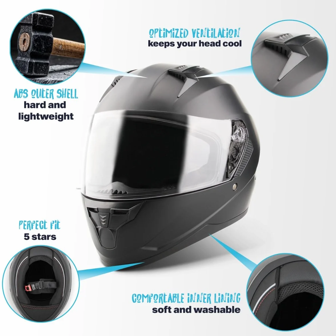 VINZ Kennet Casco Integral Moto | con Visera Solar | ECE 22.06 Homologado | Casco Scooter & Ciclomotor | En Tamaño XS - XXL | para Hombre y Mujer - Negro Mate