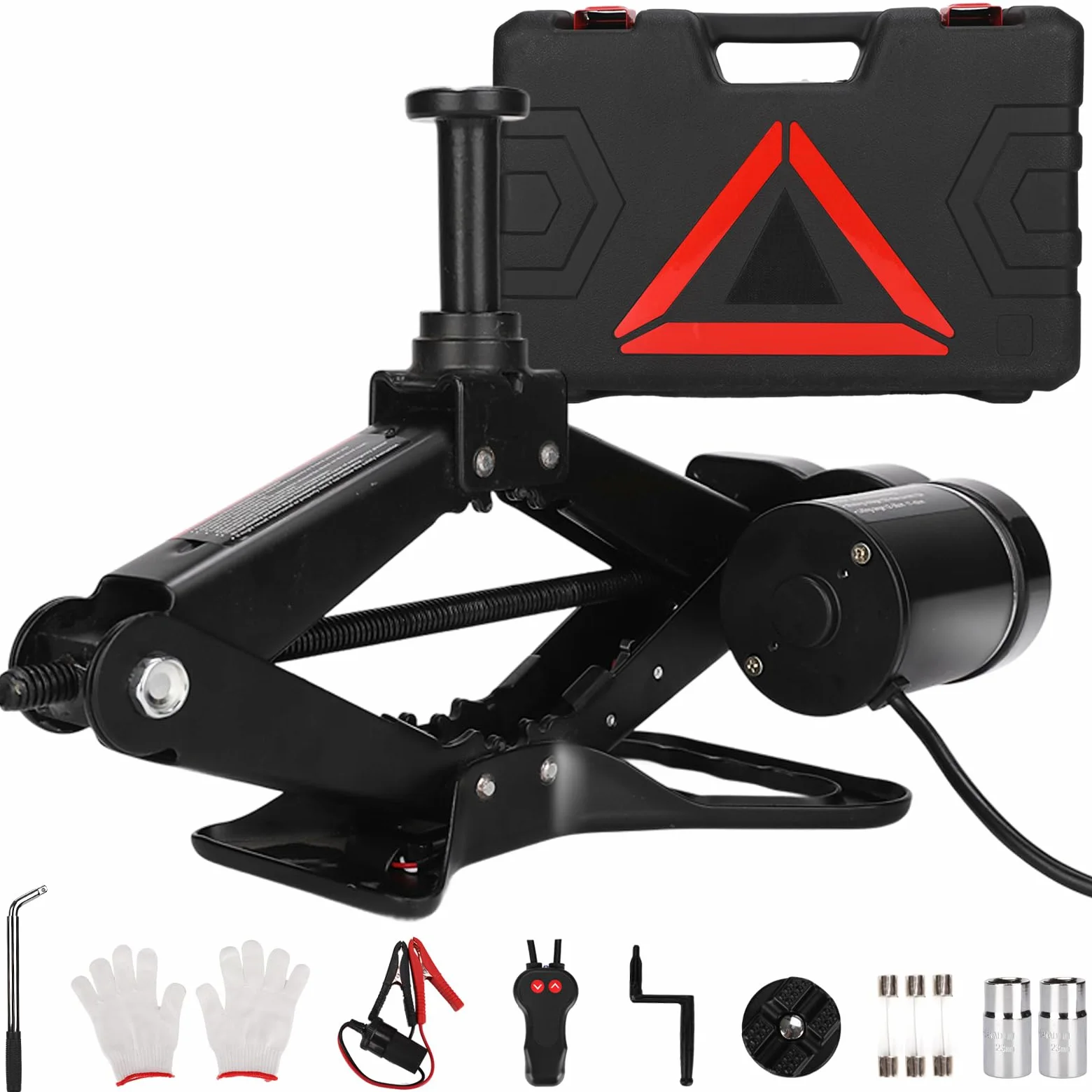 ROGTZ Gato eléctrico de tijera para automóvil de 3 toneladas, todo en uno, elevador automático de 12 V con llave de mango para reemplazo de cambio de neumáticos (negro, 3 toneladas)