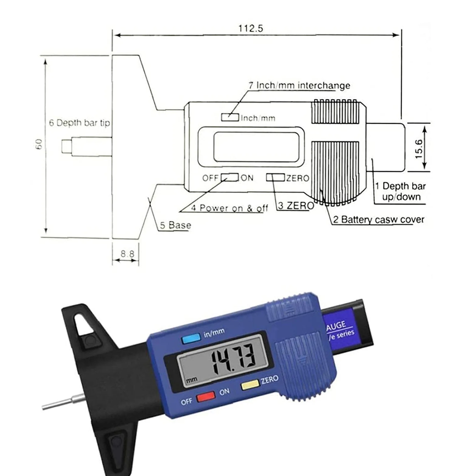 Medidor Digital de Profundidad de neumáticos Probador de Profundidad de Banda de Rodadura de neumáticos de 0-25,4 mm con Pantalla LCD Herramienta de medición de Calibre de Espesor Azul