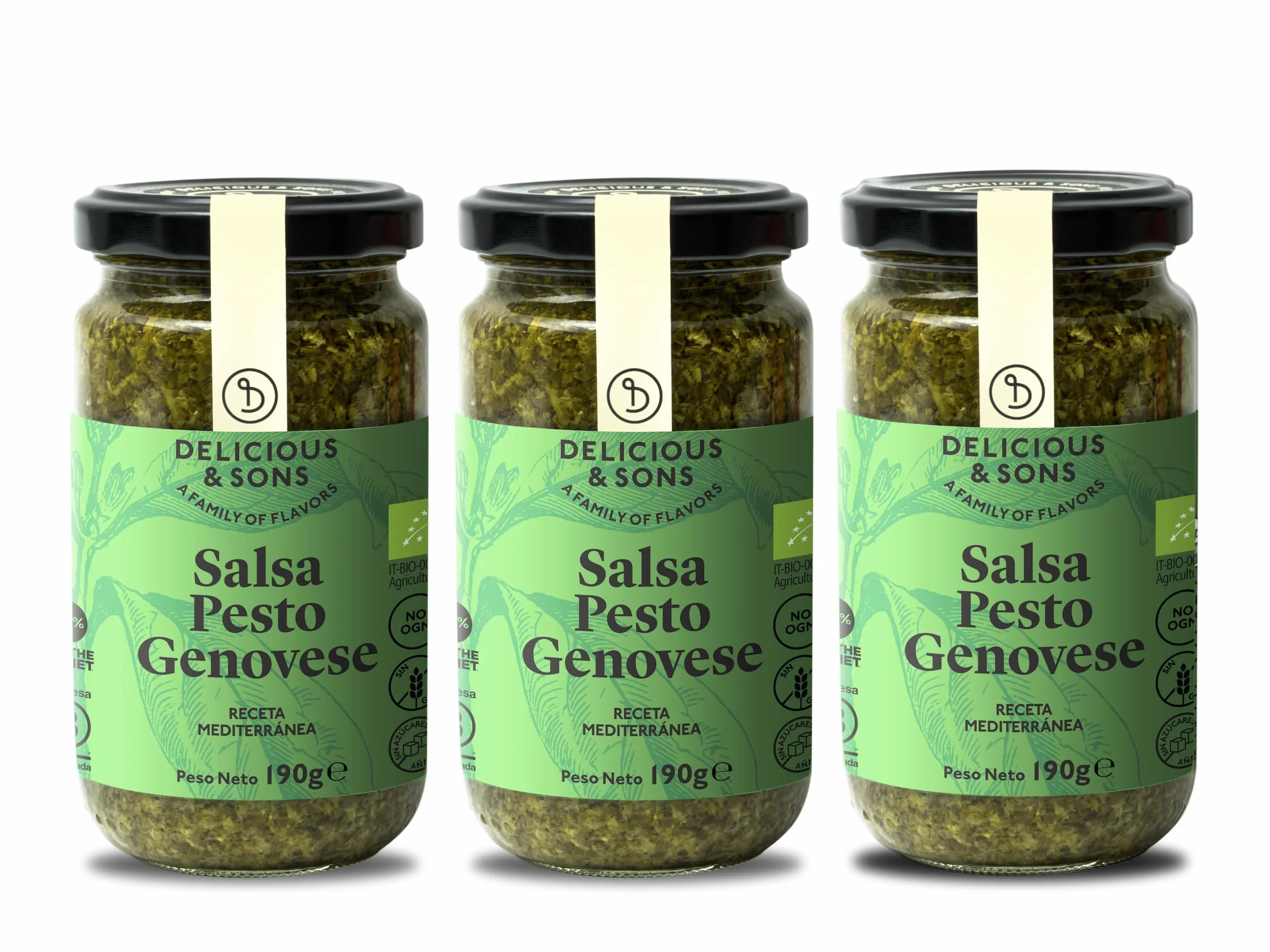 Delicious & Sons Salsa Pesto Genovese Italiana Ecológica 190g Pack 3 Sin Gluten