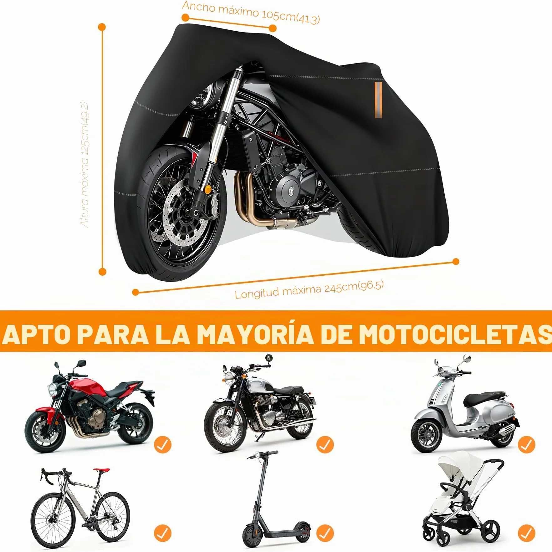 Funda para Moto Scooter, Cubierta de Moto Impermeable Protección Outdoor&Indoor, Funda Motocicleta Bicicletas a Prueba de Sol Lluvia Polvo Viento Nieve Excremento de Pájaro, XXL, 245x105x125cm