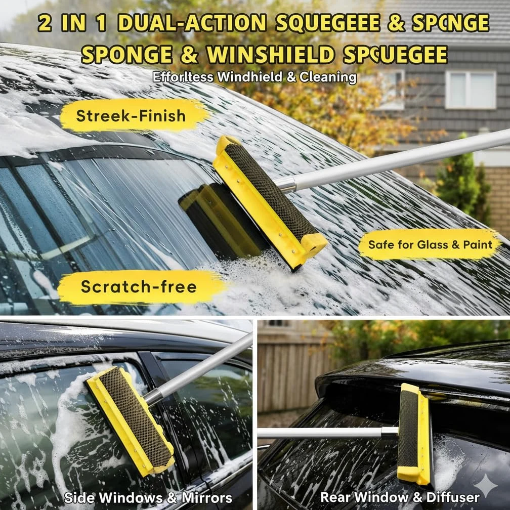 Kit de escobilla de cepillo de lavado de coche de 144 pulgadas con cubo plegable, poste telescópico, contenedor de agua plegable, impermeable, manopla, esponja, toalla súper absorbente, cerdas