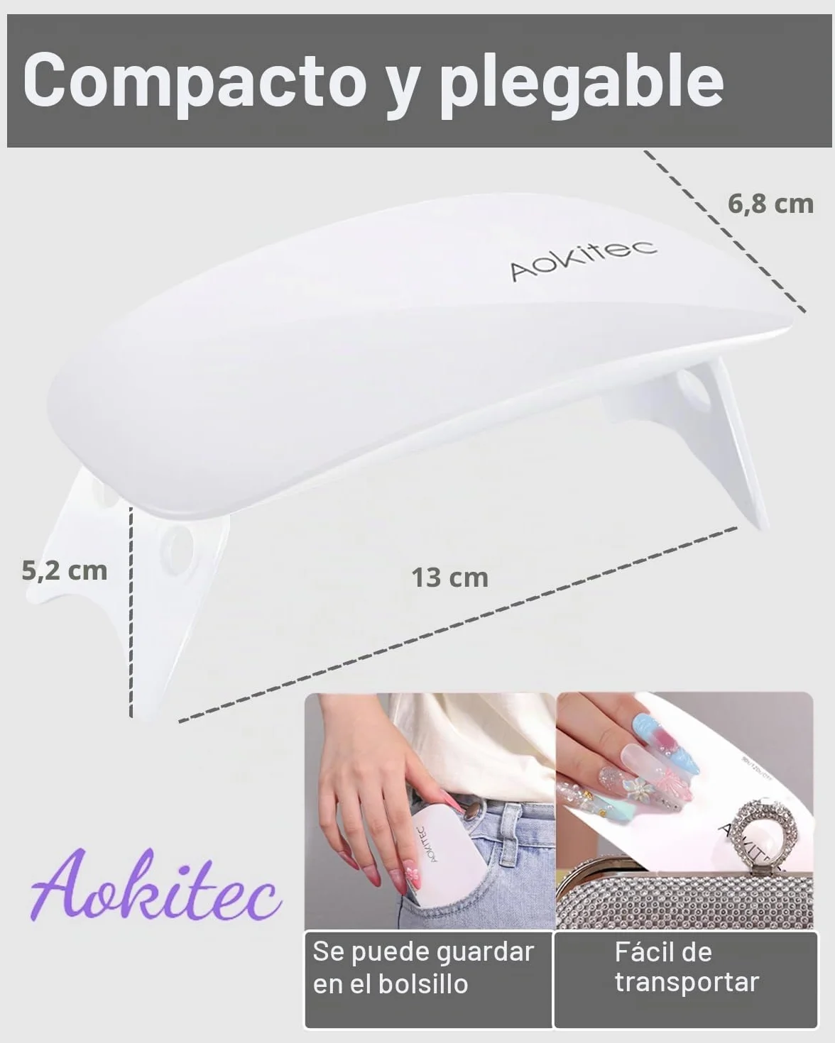 Aokitec lámpara LED uñas de gel portátil USB secador 2 temporizadores