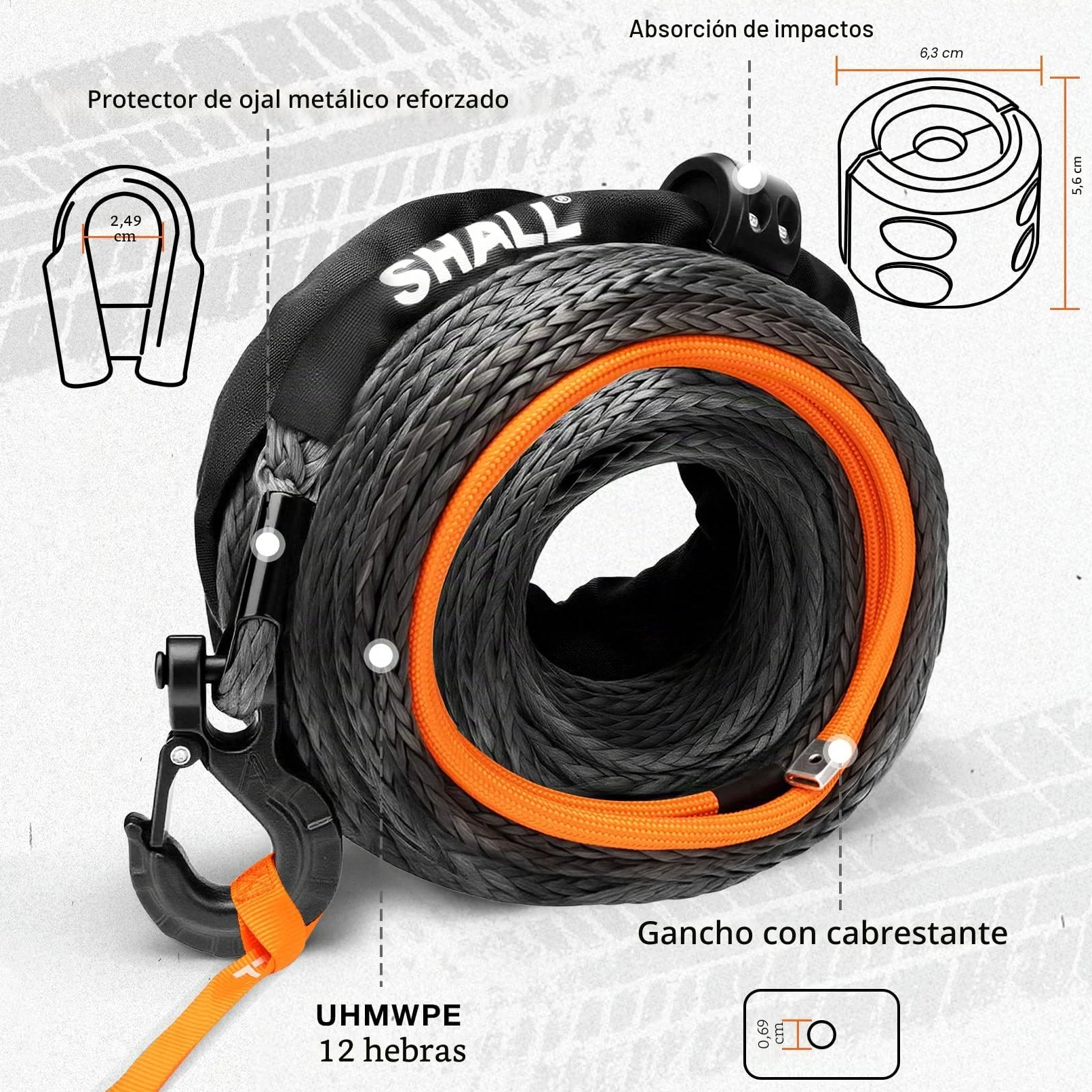 SHALL Correas y Cuerdas de Remolque, Cuerda sintética para cabrestante de 12 mm x 28 m de Largo, 16 toneladas (35500 LB), Funda Protectora, Gancho Forjado para cabrestante y Correa de Seguridad