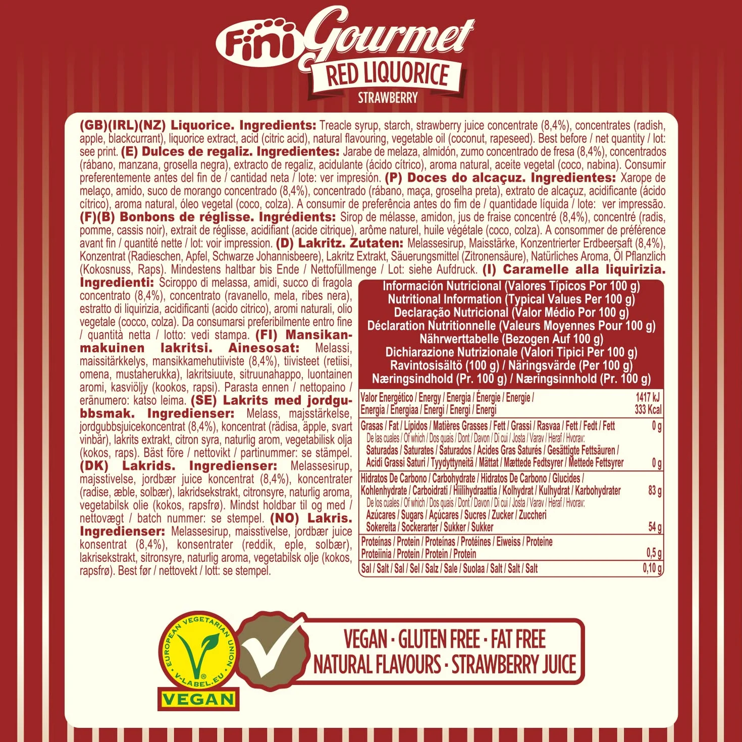 Fini Regaliz Fresa Gourmet Red Liquorice Vegano Sin Gluten 180 gr