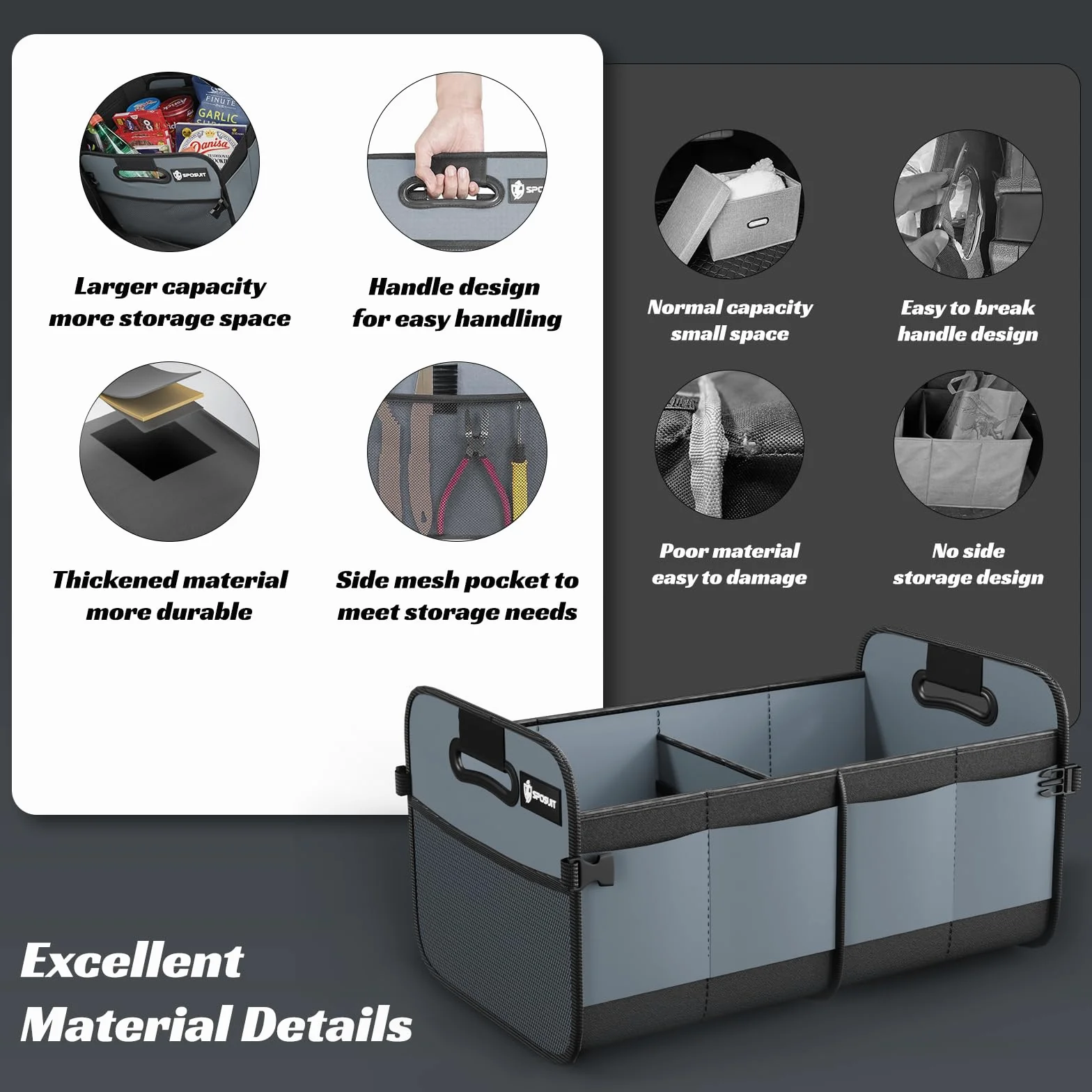 Sposuit Organizador de maletero para coche, plegable, 70 L, con 11 bolsillos y asas reforzadas, organizadores de maletero para SUV para carga de comestibles (gris)