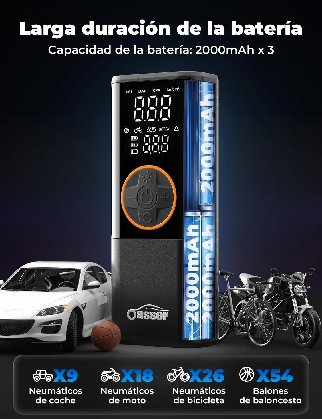 Oasser Compresor Aire Portatil 6000mAh 150PSI Inflador Ruedas Coche Pequeño Pantalla LCD Doble Visualización Cable Encendedor 3M Parada Automática Bolsa Almacenamiento para Coche Moto Bicicleta Bola