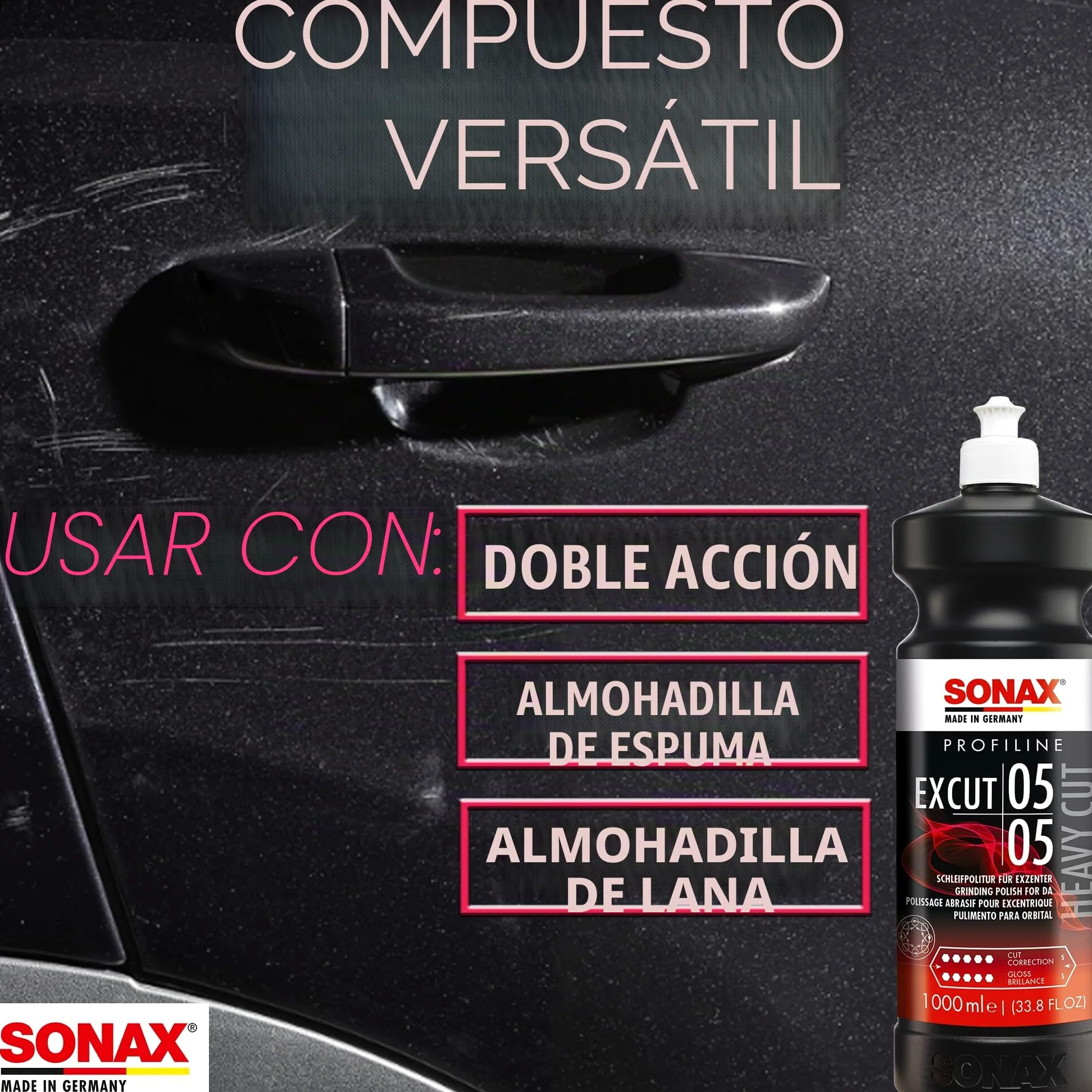 SONAX PROFILINE ExCut 05-05 (1L) pasta de lijado abrasiva | Para pulidoras excéntricas en combinación con la almohadilla de lana híbrida. Elimina las zonas lijadas de hasta P1500.