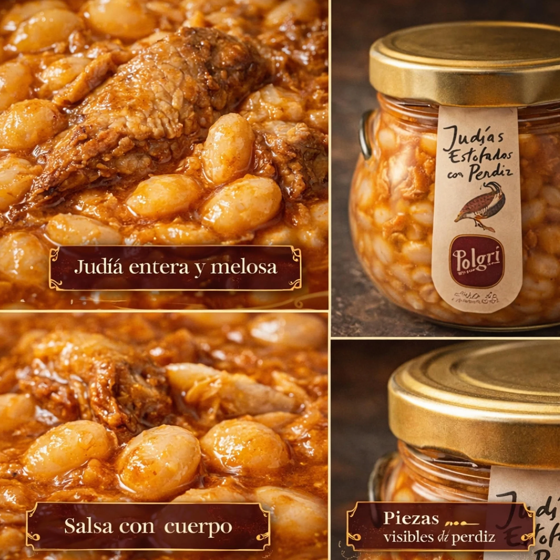 POLGRI Judias Estofadas con Perdiz Gourmet AOVE 640 ml Tarro de Cristal Comida Preparada