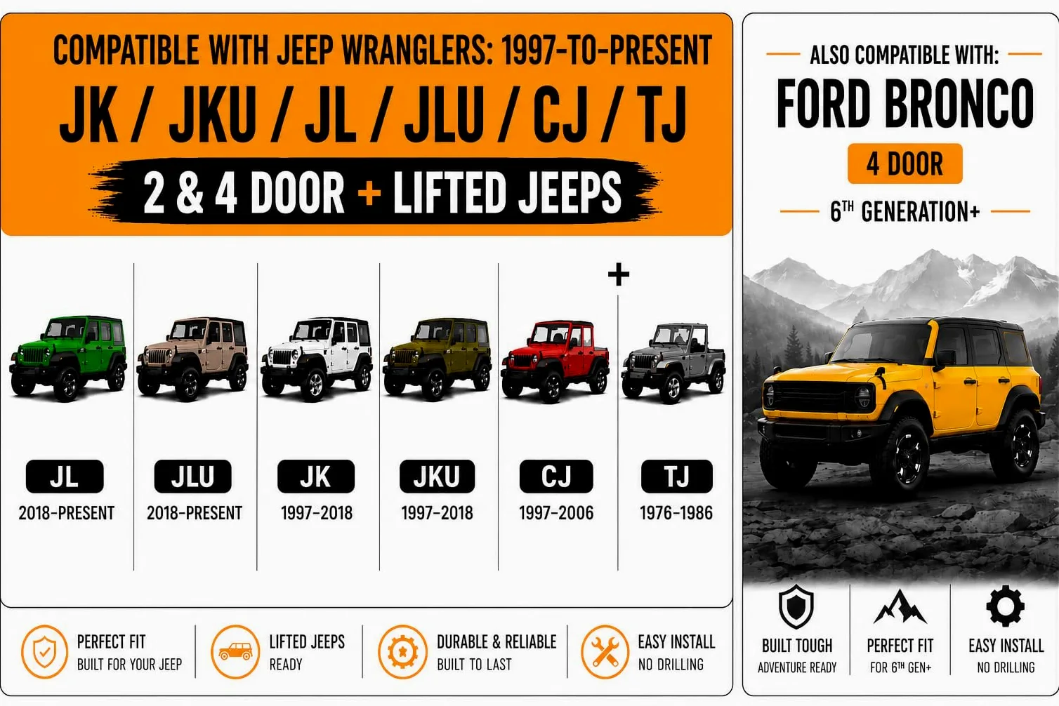 Levantamiento de techo duro para Jeep Wranglers: 2007 en adelante JK/JKU/JL/JLU + CJ, 2 y 4 puertas + Jeep elevados. Montaje rápido y fácil. Sistema para una persona. Desmontaje/instalación de techo